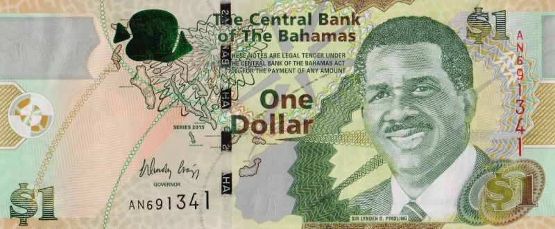 Банкнота номиналом 1 доллар. Багамские о-ва. 2015 год
