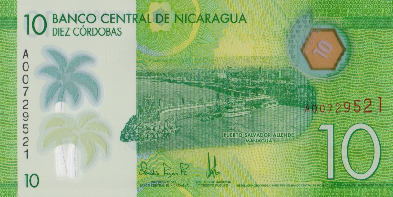 Банкнота номиналом 10 кордоб. Полимер. Никарагуа. 2014 год