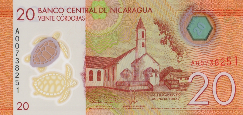 Банкнота номиналом 20 кордоб. Полимер. Никарагуа. 2014 год