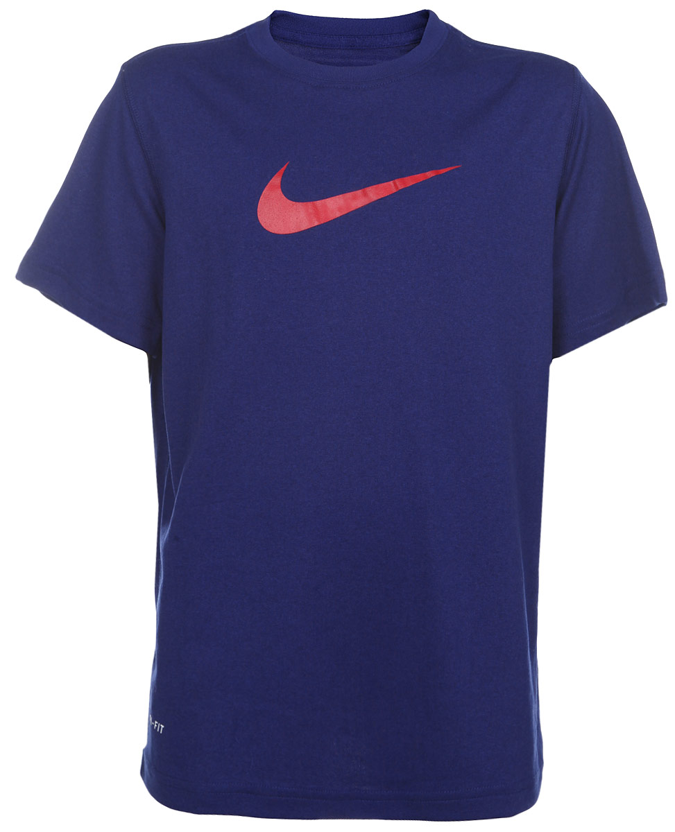 Футболка для мальчика Nike Legend, цвет: темно-синий. 380969-462. Размер S (128/140)380969-462 Футболка для мальчика Nike Legend, цвет: темно-синий. 380969-462. Размер S (128/140)380969-462Стильная тренировочная футболка для мальчика Nike Legend, выполненная из легкой ткани Dri-FIT с функцией отвода влаги, приятная на ощупь, не сковывает движения. Система Dri-FIT поддерживает кожу сухой и сохраняет ощущение комфорта. Модель прямого кроя с комфортными плоскими швами, круглым вырезом горловины и короткими рукавами, спереди дополнена фирменным логотипом бренда.Отличный вариант для занятий спортом.