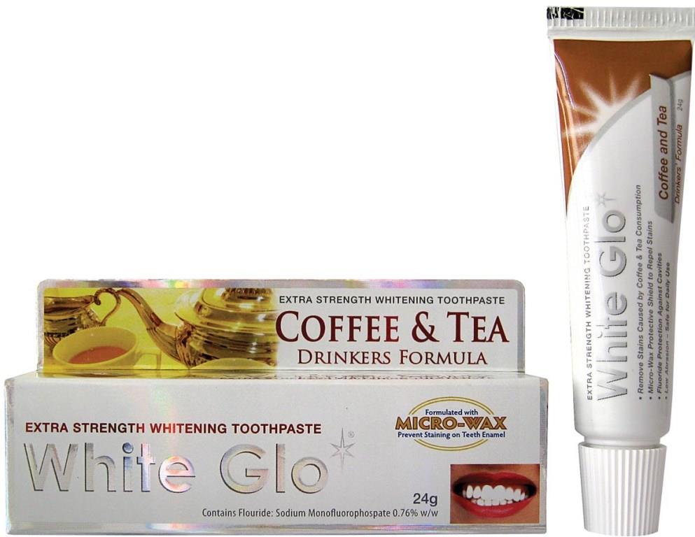 White Glo Зубная паста, отбеливающая для любителей кофе и чая, 24 г86827 White Glo Зубная паста, отбеливающая для любителей кофе и чая, 24 г86827Специальная формула отбеливания борется с потемнением зубной эмали, возникающим в результате потребления кофе или чая. Защищает зубную эмаль от возникновения новых пятен, благодаря специальным микровосковым частицам. Содержит богатое витаминами А, С и Е масло семян шиповника, которое повышает защитные свойства слизистой оболочки полости рта.