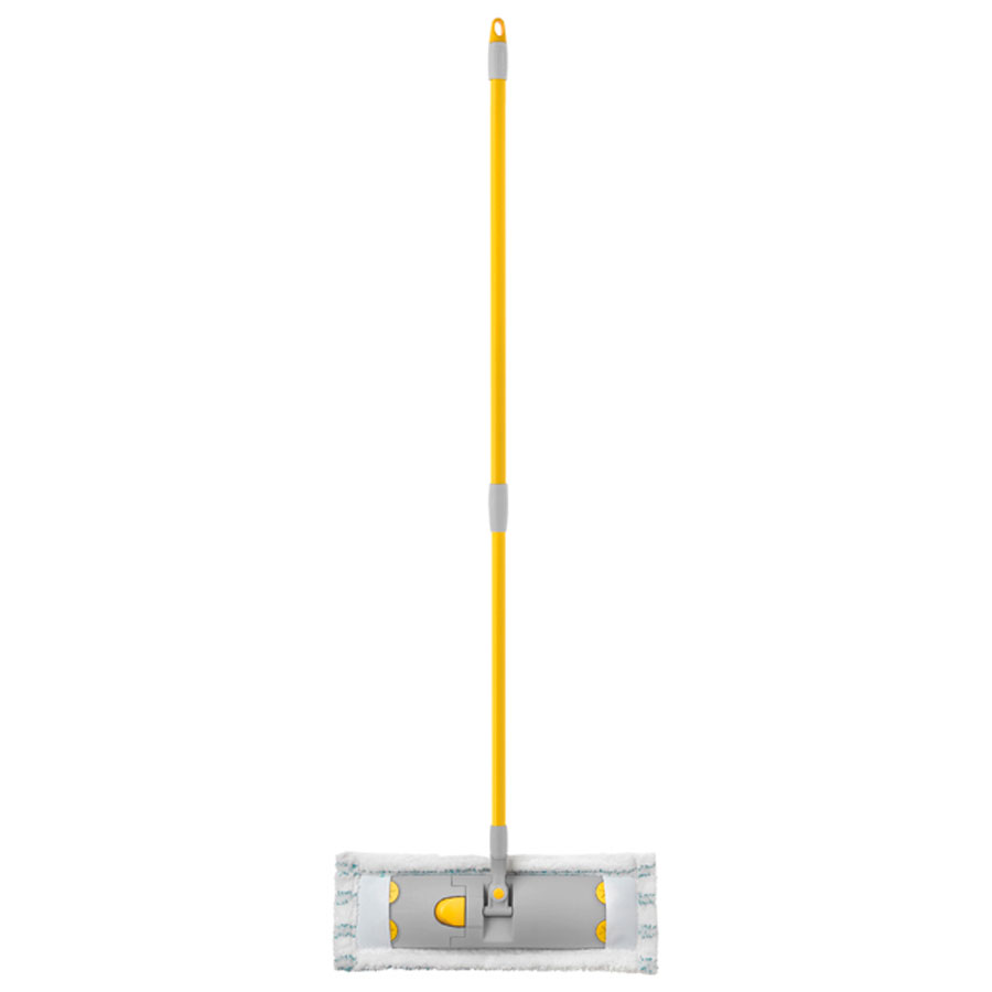 Швабра Apex Flat Mop, с телескопической ручкой, 83-140 см10190-A_желтый,серый Швабра Apex Flat Mop, с телескопической ручкой, 83-140 см10190-A_желтый,серыйШвабра Apex Flat Mop предназначена для сухой и влажной уборки в доме и удобна в использовании благодаря подвижному креплению ручки к моющей платформе с насадкой.Сменная насадка выполнена из микрофибры, которая впитывает воду и грязь подобно губке, легко удаляет пыль, не оставляя разводов и ворсинок. Такая насадка позволит вам использовать во время уборки меньшее количество чистящих средств. Она подходит для всех видов гладких полов из плитки, паркета, ламината и камня. Швабра оснащена удобной металлической телескопической ручкой с подвижной частью и фиксацией, которая позволяет использовать ее в труднодоступных местах. На конце ручки имеется специальная петля, благодаря которой швабру можно подвесить в любом удобном месте.Платформа швабры выполнена из высокопрочного пластика и может двигаться под любым углом, на любой плоскости. Подвижная платформа позволяет вымыть полы, не отодвигая крупногабаритную мебель, протереть стены от пыли за шкафами.Длина ручки: 83-140 см.Размер насадки: 45 х 15 см.