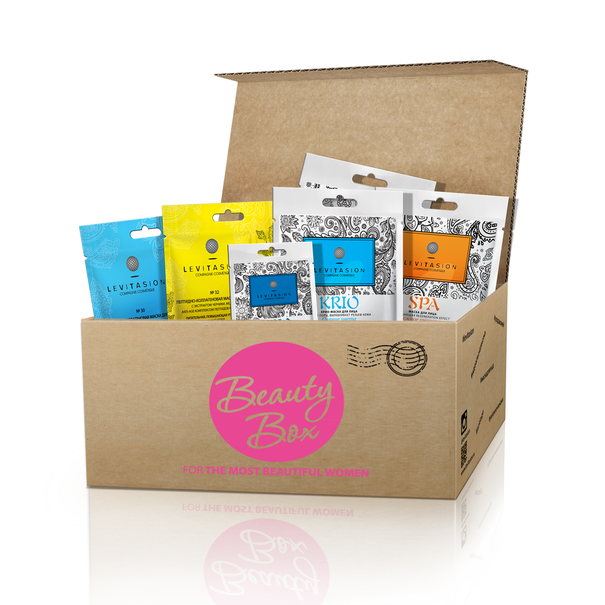 Levitasion Beauty Box MustHave, 290 млBBLMH Levitasion Beauty Box MustHave, 290 млBBLMHНабор Beauty Box Levitasion MustHave включает в себя 6 масок. Пептидно-коллагеновая маска для лица № 32 (42 мл). Питательная, повышающая упругость и тонус кожис экстрактом Черники, Медом и ANTI-AGE комплексом пептидов Matrixyl 3000Действие: Благодаря содержаниюв маске инновационногоактивного комплекса против старения кожиMatrixyl 3000,маска оказывает видимый эффект лифтинга, сокращает количество и глубину морщин.Меди экстракт Черники смягчают, питают и успокаивают кожу. А такие современные технологии увлажнения как,гиалуроновая кислота, коллаген, хилитиглюкозид,увеличивая процент содержания влаги в верхних слоях кожи, делают кожу более мягкой и гладкой.Тип кожи: Для всех типов кожи.Результат: Регулярное применение маски обеспечит разглаживание морщин, ухоженность, бархатистость и необыкновенный комфорт кожи.Применение: Тщательно очистите область лица и шеи. Расправьте и нанесите маску на область лица и шеи на 20 минут. Снимите маску, ополосните лицо и шею водой. После удаления маски деликатно нанесите небольшое количество крема на область лица и шеи.Пептидно-коллагеновая маска для лица № 30 (42 мл). Увлажняющая лифтинг-эффектс экстрактом глубоководной красной водоросли и комплексом пептидов Matrixyl 3000Действие: Благодаря содержаниюв маске инновационногоактивного комплекса против старения кожиMatrixyl 3000,маска оказывает видимый эффект лифтинга. Красная водоросль, улучшая обменные процессы кожи, повышает ее упругость и эластичность. А такие современные технологии увлажнения как,гиалуроновая кислота, коллаген, хилитиглюкозид,увеличивая процент содержания влаги в верхних слоях кожи, делают кожу более мягкой и гладкой.Тип кожи: Для всех типов кожи.Результат: Увлажненная, шелковистая, кожа лица становится эластичной, гладкой и упругой.Применение: Тщательно очистите область лица и шеи. Расправьте и нанесите маску на область лица и шеи на 20 минут. Снимите маску, ополосните лицо и шею водой. После удаления маски деликатно нанесите небольшое количество крема на область лица и шеи.SPA маска для лица. Релаксирующая ultra-lift effect. Волшебное преображение №104 (38 мл).Действие: Уникальноесочетаниев маске экзотических масел Макадамии, Миндаля, Ши, современного комплекса увлажнения и аминокислот препятствует преждевременному старению, увеличиваетпроцент содержания влаги в верхних слоях кожи, делаеткожу более мягкой и гладкой, оказывает видимый эффект лифтинга, сокращает количество и глубину морщин.Тип кожи: Для любого типа кожи.Результат: Сияющая красотой и здоровьем кожа.Применение: Тщательно очистите область лица и шеи. Нанесите маску на область лица и шеи на 20 минут. Снимите маску, ополосните лицо и шею водой.MEZO маска для лица. Профилактика возрастных изменений. Мгновенная красота № 201 (38 мл).Действие: Стимулирует образование основных структурных компонентов дермы (коллагена, эластина) и работу клеток кожи на уровне матрикса, восстанавливает и обновляет структуру кожи, делает ееподтянутой,разглаживаямимические морщинки.Тип кожи: Для нормальной и комбинированной кожи.Результат: Мимические морщинки заметно разглаживаются, кожа становится сияющей и бархатистой.Применение: Тщательно очистите область лица и шеи. Нанесите маску на область лица и шеи на 20 минут. Снимите маску, ополосните лицо и шею водой.KRIO маска для глаз. Лифтинг-эффект, интенсивное увлажнение. Интенсивный лифтинг № 503 (10 мл).Действие: KRIO-комплекс обладает сильным охлаждающим эффектом и обеспечивает длительное ощущение свежести, снимает отечность, тонизирует кожу вокруг глаз, устраняет темные круги под глазами. Фитокомплекс (Родиола розовая, Пион, Имбирь) улучшает состояние кожи, замедляет её старение, сокращает количество и глубину морщин.Тип кожи: Для любого типа кожи.Результат: Взгляд становится более открытым, даже глубокие мимические морщинки разглаживаются, а кожа под глазами становится более подтянутой и упругой.Применение: Тщательно очистите область под глазами. Нанесите маску на область под глазами на 20 минут. Снимите маску, ополосните область под глазами водой.Крио-маска для лица сужает поры, выравнивает рельеф кожи сияние цвета № 500 (38 мл).Действие: Крио-комплекс обладает сильным охлаждающим эффектом и обеспечивает длительное ощущение свежести в сочетании с противовоспалительными свойствами, снимает отечность и тонизирует кожу. Фитокомплекс (Гамамелис, Опунтия, Имбирь, масло Ши и Оливы) обладает омолаживающим действием,восстанавливает здоровий цвет лица, способствует коррекции сосудистой сетки, сужает поры,помогает надолго сохранить коже ее молодость, упругость и эластичность.Тип кожи: Для проблемной кожи.Результат: Заметно посвежевшая, идеально ровная, отдохнувшая кожа.Применение: Тщательно очистите область лица и шеи. Нанесите маску на область лица и шеи на 20 минут. Снимите маску, ополосните лицо и шею водой.