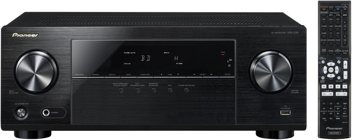 Pioneer VSX-330-K AV-ресиверVSX-330-K_4573211150292 Pioneer VSX-330-K AV-ресиверVSX-330-K_4573211150292Сделайте лучше свои домашние развлечения с 5.1 HD Surround Sound. VSX-330 станет центральной аудиосистемой вашей игровой приставки и системы домашнего кинотеатра. Этот AВ ресивер гарантирует потрясающие ощущения от просмотра фильмов: он даже справится с 4K видео ультравысокого разрешения. Чтобы улучшить звучание ваших любимых фильмов, просто выберите один из режимов высокого разрешения Dolby или DTS Advanced Surround.Pioneer VSX-330 поддерживает воспроизведение музыки и управление iPod и iPhone через разъем для USB на передней панели.Прекрасно работает с Apple устройствами:Сертификация Сделано для iPod, iPhone и iPad означает возможность легкого подключения Apple-устройств и воспроизведения записанной на них музыки через АВ-ресивер. USB-разъем на передней панели позволяет подключать устройства и одновременно их заряжать.Энергосберегающие настройки:Для экономии электроэнергии используйте режимы ECO. Режим ECO Mode 1 подходит для воспроизведения CD, 2 канальных аудиофайлов и интернет радио. Более энергоэкономичный режим ECO Mode 2 также работает с фильмами, концертами в живом эфире и другим многоканальным контентом.Легкий доступ к USB:На АВ ресивере есть легкий доступ к USB на передней панели для воспроизведения ваших любимых треков. Поддерживаются все виды аудиоформатов, включая MP3, WMA и AAC. Это удобно для зарядки подключенных устройств.Уменьшает фазовую задержку:Фазовая подстройка уменьшает задержку фазы, вызываемую низкочастотными сигналами и значительно улучшает многоканальный звук без каких-либо дополнительных операций.Наслаждайтесь несжатым HD аудио:Этот АВ ресивер поддерживает последние воспроизведение саундтреков Dolby TrueHD и DTS-HD Master Audio surround, так что вы можете наслаждаться, слушая несжатое многоканальное аудио высокого разрешения, воспроизводимое с Blu-ray дисков, а так же с других медийных источников.4K Ultra HD video ready:С 4K ультра высоким разрешением видео вы сможете почувствовать, что такое действительно высокое разрешение. Функция 4K Pass Through гарантирует готовность вашего ресивера транслировать следующее поколение видео высокого разрешения.