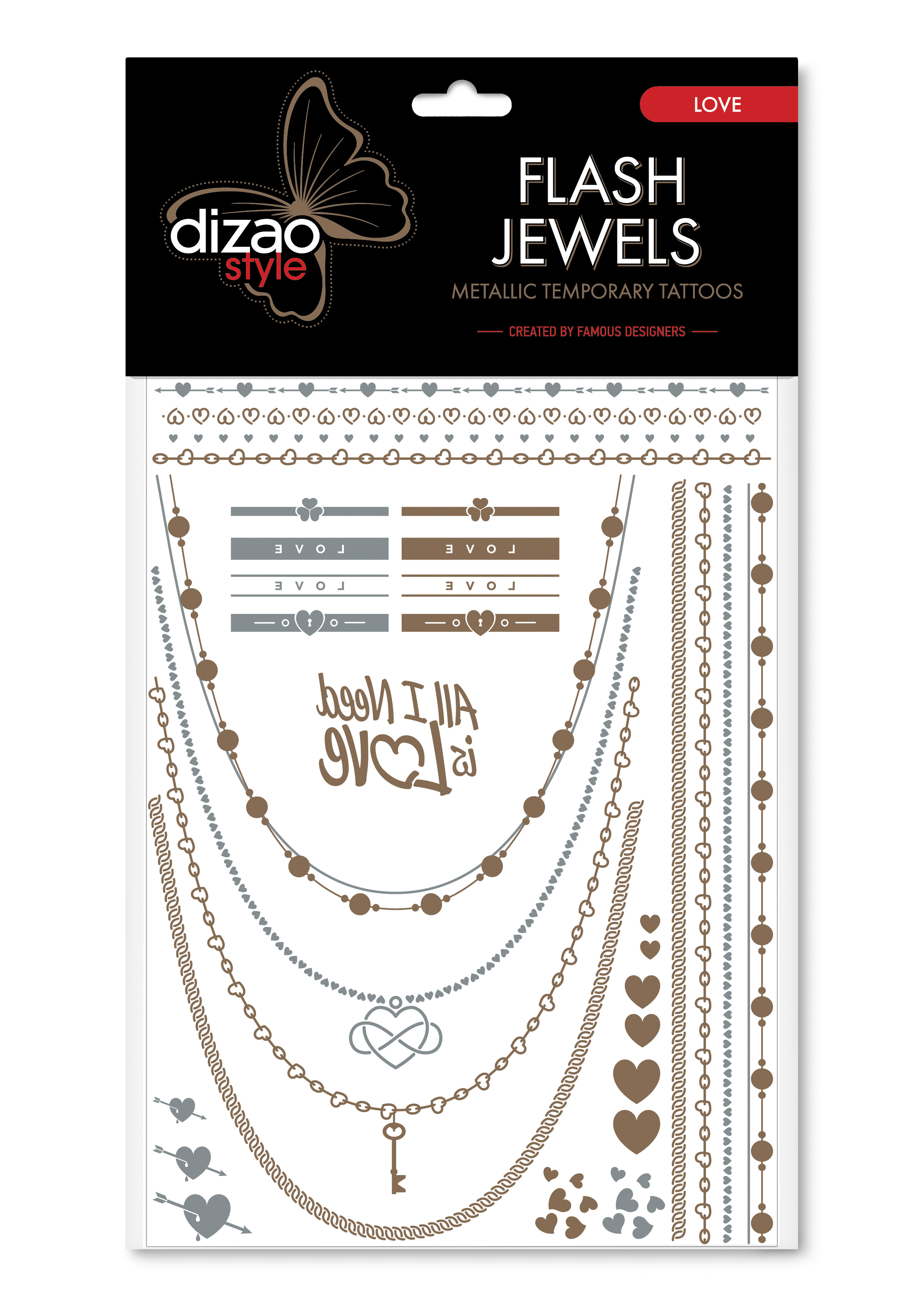 Dizao Временные золотые тату Flash Jewels: Любовь5292452002502 Dizao Временные золотые тату Flash Jewels: Любовь5292452002502Оригинальные золотистые временные татуировки Dizao Flash Jewels: Любовь позволят вам добавить изысканный штрих к вашему образу. В набор входит множество разнообразных дизайнов, которые вы сможете сочетать по своему вкусу.Откройте для себя мир идеальных линий и оригинальных дизайнов, которые заблистают на вашей коже благородным блеском золота и серебра. Позвольте украшениям стать органичной частью вашего тела. Следуйте самым последним тенденциям и всегда оставайтесь на пике моды. Подарите себе роскошь и непревзойденный стиль с тату Dizao.Премиальные золотые временные тату Flash Jewels: - имеют уникальные дизайны -держатся на коже продолжительное время, не теряя привлекательности-легко наносятся и удаляются-не вызывают покраснений и раздражений, не содержат токсичных компонентов Применять временные тату невероятно легко: вырежьте понравившуюся аппликацию, наложите ее рисунком вниз на сухую чистую кожу, прижмите к аппликации мокрую губку или ватный диск в течении 30 секунд, а затем удалите бумагу и позвольте аппликации высохнуть. Для того, чтобы удалить временную татуировку, нанесите на аппликацию косметическое или оливковое масло и осторожно сотрите ватным диском.