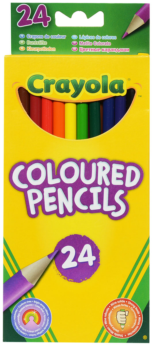 Crayola Набор цветных карандашей 24 шт3624 Crayola Набор цветных карандашей 24 шт3624Цветные карандаши Crayola имеют прочный грифель с увеличенным диаметром, что является несомненным плюсом для деток, которые только учатся рисоватьКарандаши легко точатся, благодаря особой качественной древесине. Пигменты, входящие в состав грифеля, обеспечивают ровное письмо и сочные натуральные цвета.В наборе 24 цветных карандаша.