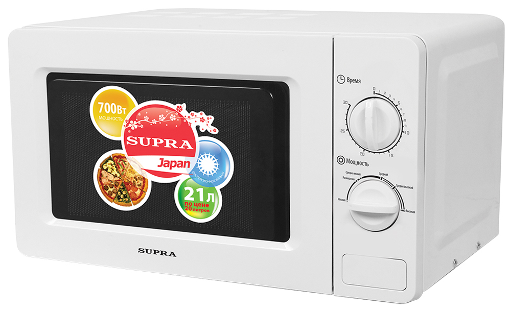 Supra MWS-2102MW микроволновая печьMWS-2102MW Supra MWS-2102MW микроволновая печьMWS-2102MWМикроволновая печь Supra MWS-2102MW имеет объем 21 литр, что вполне достаточно для разморозки, приготовления или разогрева блюд среднего и большого размера, а также для выпечки в формах. Камера данной модели изнутри покрыта керамической эмалью. Мощность микроволнового излучения составляет 700 Вт. Микроволновая печь может предложить 6 уровней мощности микроволнового излучения, 30 минут времени на таймере, как максимальную величину, а также режим размораживания полуфабрикатов. К тому же, камера печи оснащена яркой подсветкой, а сама печь - звуковым сигналом окончания таймера.Автоматическое приготовлениеКоличество уровней мощности: 6Подсветка камерыЗвуковой сигнал