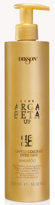 Dikson Shampoo Argabeta Up Capelli Colorati Шампунь для окрашенных волос с кератином 500 млdiks2482 Dikson Shampoo Argabeta Up Capelli Colorati Шампунь для окрашенных волос с кератином 500 млdiks2482Благодаря насыщенной кремообразной текстуре оказывает эффективное воздействие на окрашенные волосы. Кератин в В комплексе с гиалуроновой кислотой регенерирует и увлажняет волосы, не утяжеляя их, создавая мощную anti-age защиту. Уникальное сочетание экстрактов Красного мака, масла Камелии и Арганового масла обеспечивает сохранение яркости цвета на длительный период и усиливает эффект светоотражения, придавая волосам шикарный блеск и сияние.
