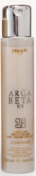 Dikson Conditioner Argabeta Up Capelli Di Volume Кондиционер для тонких волос 250 млdiks2474 Dikson Conditioner Argabeta Up Capelli Di Volume Кондиционер для тонких волос 250 млdiks2474Кондиционер ArgaBeta Up на основе эфирного масла аргании, масла сладкого апельсина и целлюлозы разработан, чтобы заботиться о тонких и лишенных объема волосах. При связи с водой, порошок целлюлозы приумножается и обеспечивает полноту волоса от корня до кончиков. Масло сладкого апельсина и аргановое масло действуют на волосы укрепляюще. Волосы накапливают естественную силу, становятся гладкими, густыми, приобретают объем.