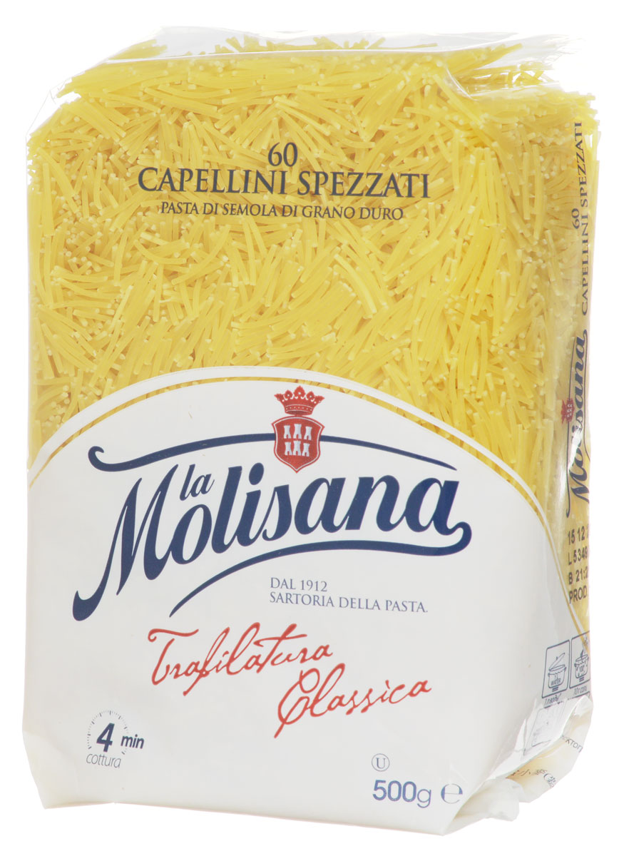 La Molisana Capellino Spezzato вермишель макаронные изделия, 500 г0190018 La Molisana Capellino Spezzato вермишель макаронные изделия, 500 г0190018Макаронные изделия La Molisana Capellino Spezzato изготовлены из муки твердых сортов пшеницы, содержащей чуть меньшее количество клейковины, чем обыкновенная мука. Она хорошо поглощает воду, макароны из нее при варке не развариваются. Эту вермишель можно использовать при приготовлении супов, гарниров и любых блюд по вашему вкусу - они непременно получатся великолепно и порадуют ваших друзей и близких!