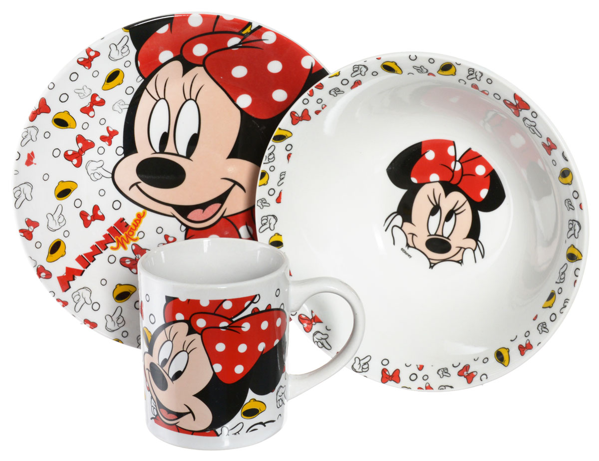 Disney Набор детской посуды Minnie Mouse 3 предмета70165 Disney Набор детской посуды Minnie Mouse 3 предмета70165Набор детской посуды Disney Minnie Mouse, выполненный из керамики, состоит из кружки, тарелки и салатника. Изделия оформлены изображением знаменитой Минни Маус. Материалы изделий нетоксичны и безопасны для детского здоровья. Детская посуда удобна и увлекательна для вашего малыша. Привычная еда станет более вкусной и приятной, если процесс кормления сопровождать игрой и сказками о любимых героях. Красочная посуда является залогом хорошего настроения и аппетита ваших детей. Можно использовать в СВЧ-печи и посудомоечной машине. Диаметр тарелки: 19 см. Диаметр салатника: 17,5 см. Высота салатника: 6 см. Объем кружки: 210 мл. Диаметр кружки (по верхнему краю): 7 см. Высота кружки: 8 см.