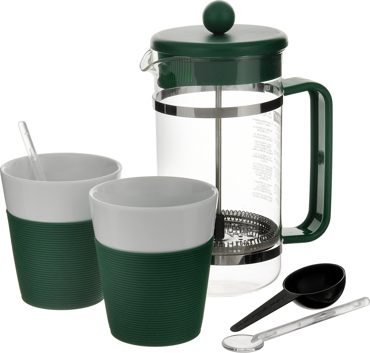 Набор кофейный Bodum Bistro, цвет: зеленый, белый, 5 предметов. AK1508-XY-Y15AK1508-XY-Y15_зеленый Набор кофейный Bodum Bistro, цвет: зеленый, белый, 5 предметов. AK1508-XY-Y15AK1508-XY-Y15_зеленыйКофейный набор Bodum Bistro состоит из чайника френч-пресса, 2 стаканов и 2 ложек. Френч-пресс выполнен из высококачественного жаропрочного стекла, нержавеющей стали и пластика. Френч-пресс - это заварочный чайник, который поможет быстро приготовить вкусный и ароматный чай или кофе. Металлический нержавеющий фильтр задерживает чайные листочки и частички зерен кофе. Засыпая чайную заварку или кофе под фильтр, заливая горячей водой, вы получаете ароматный напиток с оптимальной крепостью и насыщенностью. Остановить процесс заваривания легко, для этого нужно просто опустить поршень, и все уйдет вниз, оставляя сверху напиток, готовый к употреблению. Для френч-пресса предусмотрена специальная пластиковая ложечка. Элегантные стаканы выполнены из высококачественного фарфора и оснащены резиновой вставкой, защищающей ваши руки от высоких температур. В комплекте - 2 мерные ложечки, выполненные из пластика. Яркий и стильный набор украсит стол к чаепитию и станет чудесным подарком к любому случаю. Изделия можно мыть в посудомоечной машине.Объем френч-пресса: 1 л. Диаметр френч-пресса (по верхнему краю): 10 см. Высота френч-пресса: 21,5 см. Объем стакана: 300 мл. Диаметр стакана по верхнему краю: 8,5 см. Высота стакана: 10 см. Длина глубокой ложечки: 10 см.Длина ложечек: 14 см.