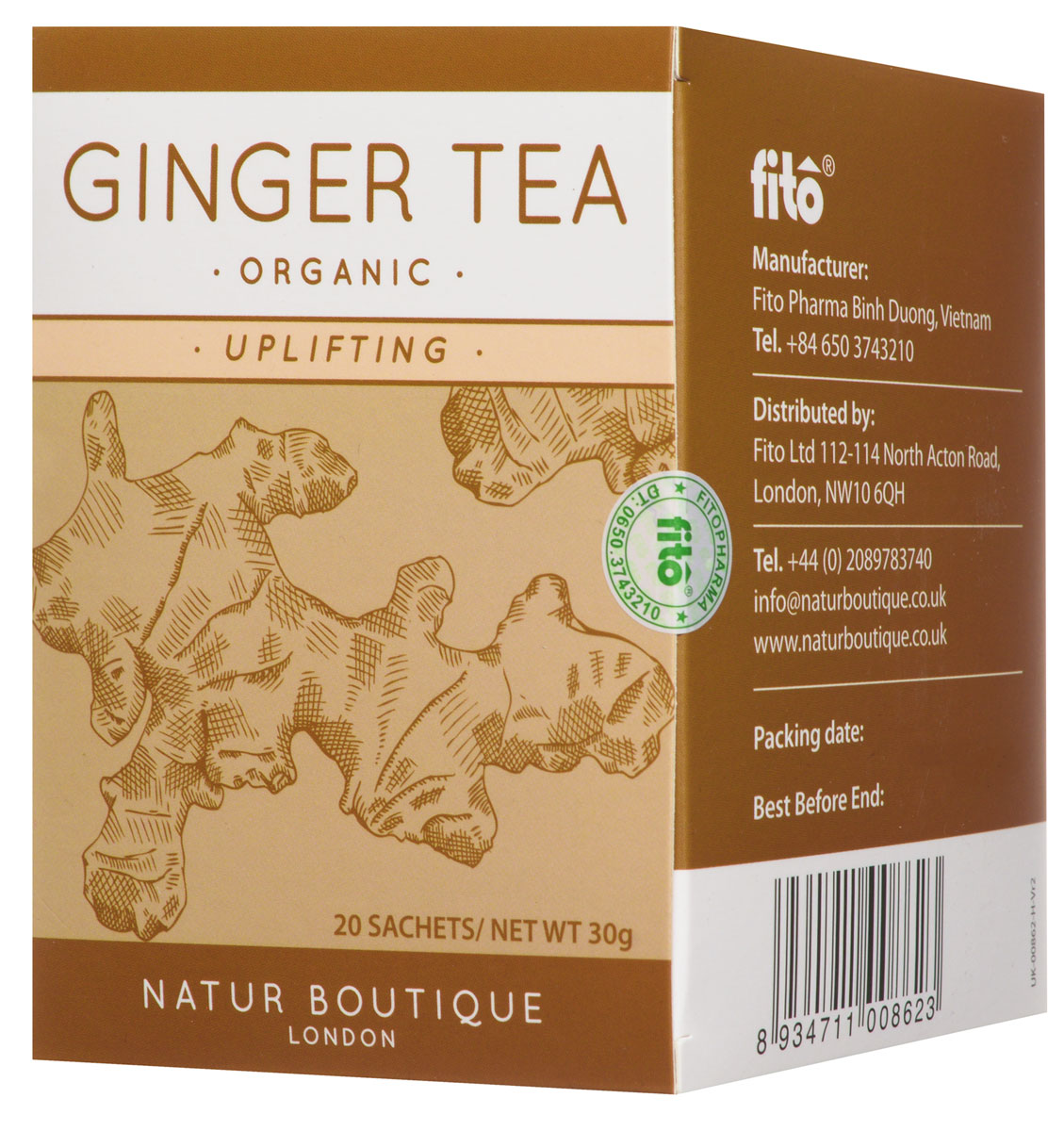 Natur Boutique Ginger Organic Tea органический чай имбирь, 20 пакетиков253 Natur Boutique Ginger Organic Tea органический чай имбирь, 20 пакетиков253Целебные свойства имбиря издревле известны тибетским лекарям и активно используются в современной медицине. А пить имбирный чай – это удобный и эффективный способ получить удовольствие и ощутить на себе пользу этого во всех смыслах горячего пряного растения.Имбирный чай Natur Boutique Ginger Organic Tea – настоящее спасение в холодное время года, при простуде, при замедленной циркуляции крови, при нарушении обмена веществ, и еще во многих случаях. А все потому что этот продукт:СогреваетСтимулирует кровообращениеУскоряет обмен веществТонизируетОбладает омолаживающим эффектомНейтрализует тошноту.Диетологи, неврологи, врачи прочих специализаций рекомендуют включать имбирь в рацион, добавлять во все блюда, от супа до десерта. Пряный жгучий корень можно найти на прилавках продуктовых магазинов в различном виде: цельного корня, маринованных листочков, сухой приправы. Имбирный чай во многих кофейнях и барах зимой позиционируется как фирменный напиток дня. А вы можете просто купить имбирный чай и получать удовольствие от вкусного и полезного напитка у себя дома, в любое время суток.Имбирный чай имеет довольно специфический, хоть и приятный вкус. Если для вас он в новинку, стоит начать с малых доз, чтобы привыкнуть и начать наслаждаться напитком. А стакан имбирного чая за 40 минут до еды уменьшает аппетит.