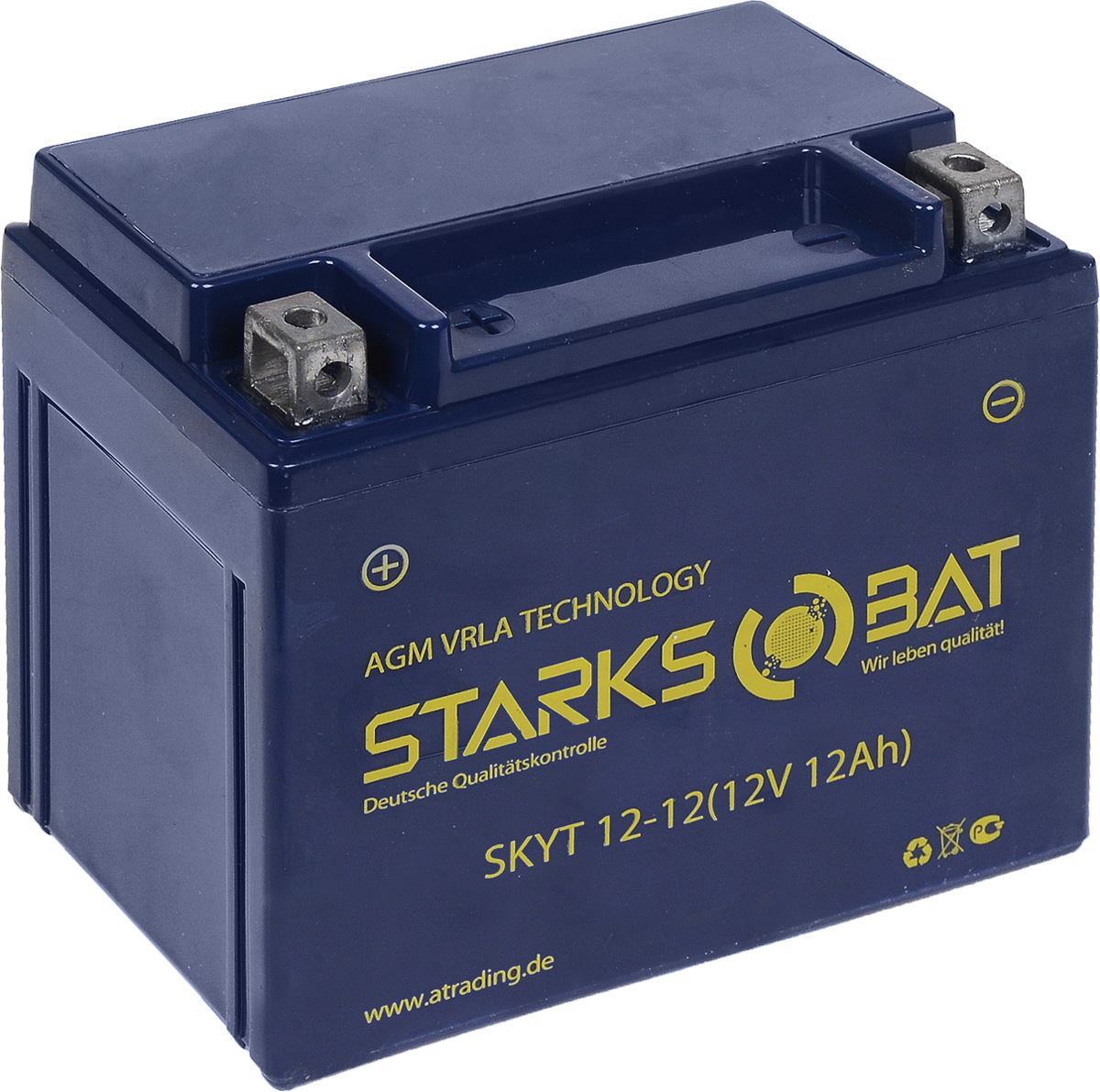 Батарея аккумуляторная для мотоциклов Starksbat. YT 12-12 (YTX14-BS)YT 12-12 Батарея аккумуляторная для мотоциклов Starksbat. YT 12-12 (YTX14-BS)YT 12-12Аккумулятор Starksbat изготовлен по технологии AGM, обеспечивающей повышенный уровень безопасности батареи и удобство ее эксплуатации. Корпус выполнен из особо ударопрочного и морозостойкого полипропилена. Аккумулятор блестяще доказал свои высокие эксплуатационные свойства в самых экстремальных условиях бездорожья, высоких и низких температур.Аккумуляторная батарея Starksbat производится под знаменитым немецким контролем качества, что обеспечивает ему высокие пусковые характеристики и восстановление емкости даже после глубокого разряда.Напряжение: 12 В.Емкость: 12 Ач.Полярность: прямая (+ -).Ток холодной прокрутки: 155 Аh (EN).