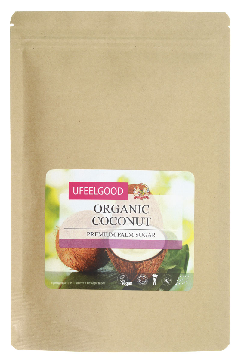 UFEELGOOD Organic Coconut Palm Sugar органический сахар кокосовой пальмы, 200 г075 UFEELGOOD Organic Coconut Palm Sugar органический сахар кокосовой пальмы, 200 г075Сахар – один из тех продуктов, без которых сложно представить наш ежедневный рацион. Выпечка, десерты, сладости – все это создано с использованием сахара и без него имело бы совершенно иной вкус. К сожалению, сахар – еще и опасный продукт, поскольку его регулярное употребление может спровоцировать возникновение сахарного диабета, лишнего веса, проблем с зубами. Но не спешите расстраиваться, дорогие сладкоежки! Ведь чтобы избежать этого, не нужно отказываться от любимых блюд, просто поменяйте вредные сахара на органический натуральный подсластитель – кокосовый сахар.Полезные свойства кокосового сахараКокосовый сахар от UFEELGOOD станет отличной, безопасной и вкусной альтернативой традиционному сахару. Сохраняя насыщенный вкус десертов и сладостей, продукт оказывает положительное влияние на организм, заряжая энергией и даря хорошее настроение. Полезные свойства такого органического сахара объясняются тем, что в его состав входит множество полезных веществ.Глутамин – основная аминокислота, предназначена для поддержания и укрепления иммунной системы. Кроме того, она ускоряет процесс восстановления тканей. Кстати, сахар кокосовой пальмы содержит еще 15 аминокислот, кроме глутамина.12 витаминных комплексов группы В – это мощное средство для борьбы с депрессией, стрессами и нервным напряжением. В сочетании с инозитолом, также присутствующим в составе кокосового сахара, витамины группы В восстанавливают гармонизируют нервную систему и укрепляют сердце. А ведь здоровая нервная система – как раз то, что нужно каждому из нас!Одно из важнейших преимуществ сахара кокосовой пальмы от UFEELGOOD перед традиционным – его низкий гликемический индекс. Благодаря этому съеденные углеводы превращаются в глюкозу намного медленнее, повышая в крови уровень сахара постепенно и давая мощный заряд энергии на долгое время, но не вредя организму. Это крайне важно для диабетиков: они могут купить кокосовый сахар вместо сахарозаменителей, чтобы безопасно наслаждаться вкусом запретных ранее блюд.