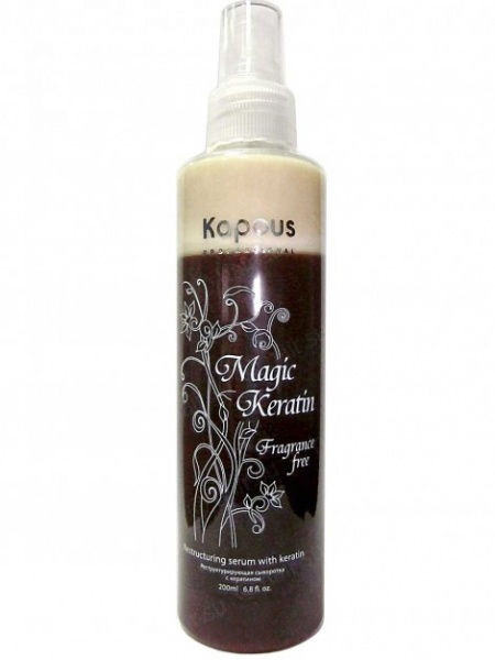 Kapous Реструктурирующая сыворотка с кератином Magic Keratin 200 млKap586 Kapous Реструктурирующая сыворотка с кератином Magic Keratin 200 млKap586Серия «Fragrance free» не имеет парфюмированных добавок. Двухфазная сыворотка на основе Кератина и молочной аминокислоты разработана для глубокого восстановления и защиты сухих волос, подверженных неоднократными химическими процедурами. Формула с Кератином защищаетволосы от воздействия внешних факторов, реконструирует поверхностный слой, возвращая эластичность и силу волосам. Молочная аминокислота способствует регенерации и является регулятором гидробаланса кожи головы и волос, предотвращает воздействие свободных радикалов.Результат: Сыворотка защищает волосы от ежедневного стресса, облегчает их расчесывание, делает их послушными, придавая блеск и многогранный цвет.