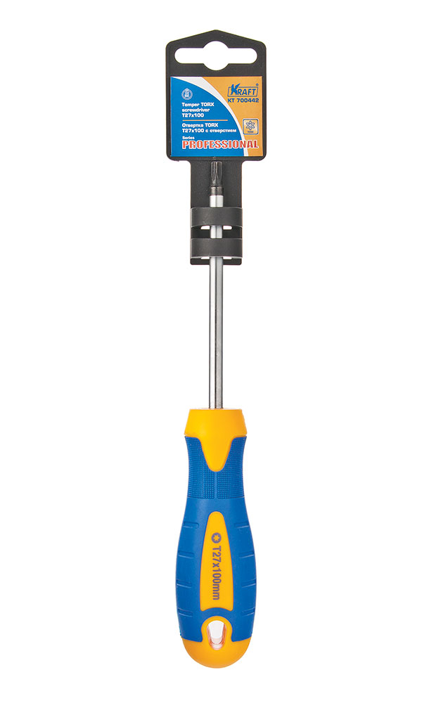 Отвертка TORX с отверстием Kraft Т27х100 КТ 700442КТ 700442 Отвертка TORX с отверстием Kraft Т27х100 КТ 700442КТ 700442- Cr-V, двухкомпонентная рукоятка