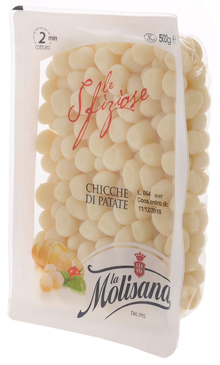 La Molisana Chicche Di Patate картофельные ньокки (клецки мелкие), 500 г0190060/1 La Molisana Chicche Di Patate картофельные ньокки (клецки мелкие), 500 г0190060/1Картофельные ньокки являются типичным блюдом итальянской кулинарии. Ньокки восхитительны с любым соусом, будь это просто растопленное сливочное масло с шалфеем и пармезаном, сыром горгонзола или песто генуэзский.Способ приготовления: поместить клецки в кипящую подсоленную воду. Когда они всплывут слить воду и приправить желаемым соусом.