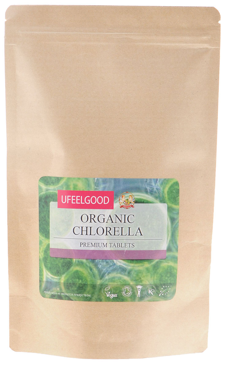 UFEELGOOD Organic Chlorella Premium Tablets органическая хлорелла в таблетках, 200 г119 UFEELGOOD Organic Chlorella Premium Tablets органическая хлорелла в таблетках, 200 г119Хлорелла чрезвычайно полезна для человеческого организма, не зря её рекомендуют как средство для поддержания общего здоровья. Около 50% сухой массы растения составляет чистый экологический белок. Содержащиеся в ней полимеры каротиноида спорополленина способны поглощать токсины и выводить ядовитые элементы из организма.Употребление хлореллы способствует укреплению иммунитета, детоксикации, нормализации состава крови. Препарат способен улучшить состояние суставов и мышц, укрепить дёсны и зубы, нормализировать запах тела. Хлорелла имеет омолаживающее действие на весь организм, регенерирует клетки и восстанавливает здоровье нервной системы.Прием хлореллы совместно с содержащими кофеин продуктами не рекомендуется, поскольку это снижает активность препарата. Вместе с употреблением хлореллы будет полезно выпивать 0,2 литра жидкости на чайную ложку порошка. Препарат можно добавлять в соки, морсы, чай и тд. Рекомендуется принимать по 3 грамма в день утром и вечером, желательно за 30 минут до еды.