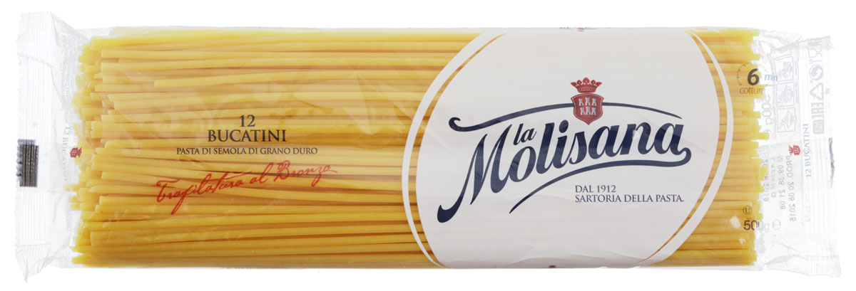 La Molisana Bucatini спагетти с дырочкой, 500 г0190004 La Molisana Bucatini спагетти с дырочкой, 500 г0190004Спагетти с дырочкой La Molisana Bucatini сделаны из муки твердых сортов, содержащей чуть меньшее количество клейковины, чем обыкновенная мука. Она хорошо поглощает воду, макароны из нее при варке увеличиваются и не развариваются.