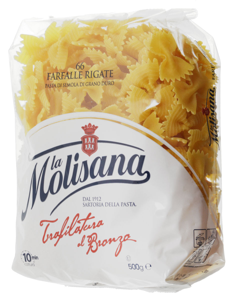La Molisana Farfalle бантики, 500 г0190026 La Molisana Farfalle бантики, 500 г0190026Макаронные изделия La Molisana Farfalle сделаны из муки твердых сортов, содержащей чуть меньшее количество клейковины, чем обыкновенная мука. Она хорошо поглощает воду, макароны из нее при варке увеличиваются и не развариваются.