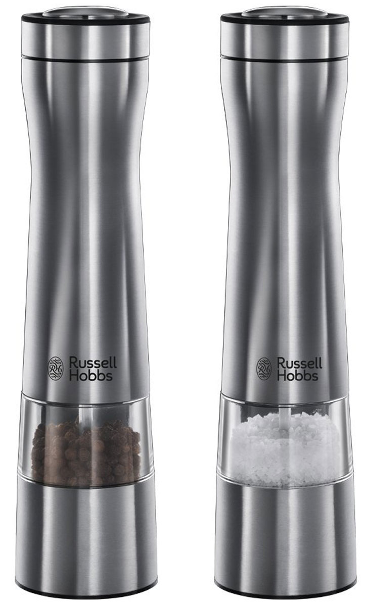 Russell Hobbs 22810-56 измельчитель, 2 шт22810-56 Russell Hobbs 22810-56 измельчитель, 2 шт22810-56Чтобы упростить процесс измельчения соли и перца, специалисты Russell Hobbs создали стильные приборы из нержавеющей стали, приводимые в действие простым нажатием одной кнопки и оснащенные керамическими жерновами и системой регулирования размера помола. Также модель 22810-56 снабжена световым индикатором, который горит во время работы. Устройство работает от батарей 6 х AAA (не входят в комплект).