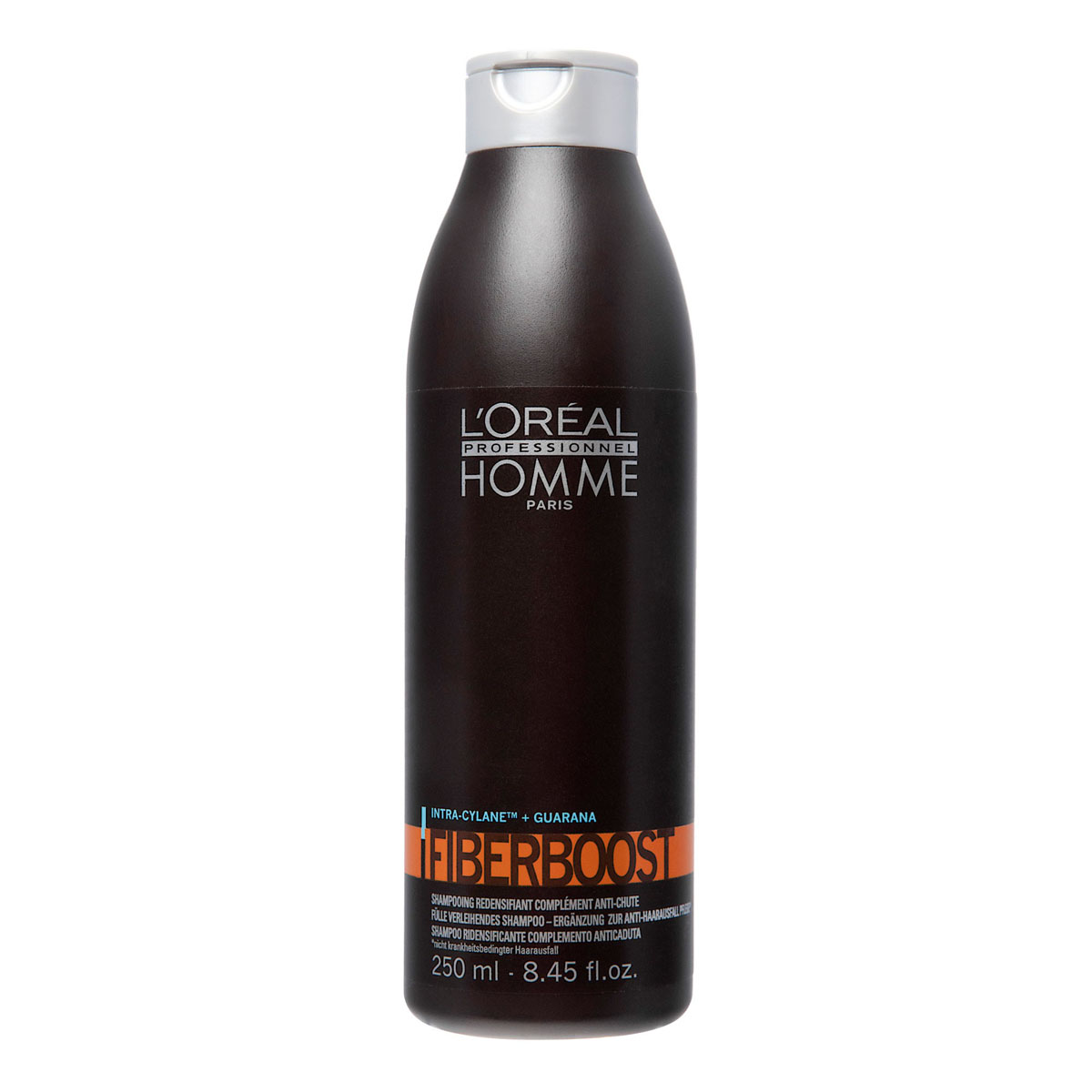 LOreal Professionnel Homme Уплотняющий шампунь-уход от выпадения волос Файбербуст Fiberboost Shampoo 250 млE0455337 LOreal Professionnel Homme Уплотняющий шампунь-уход от выпадения волос Файбербуст Fiberboost Shampoo 250 млE0455337Шампунь Fiberboost для ухода за волосами всех типов делает волосы гладкими, податливыми и шелковистыми. Особенно яркий эффект виден на тонких волосах. Шампунь питает кожу головы и оказывает благотворное влияние на состояние волосяных луковиц и структуру волос, уплотняя их и препятствуя выпадению. Формула шампуня обогащена гуараной и активным ингредиентом - Intra-Cylane, стимулирующими рост волос. Они становятся ощутимо прочнее и мягче.