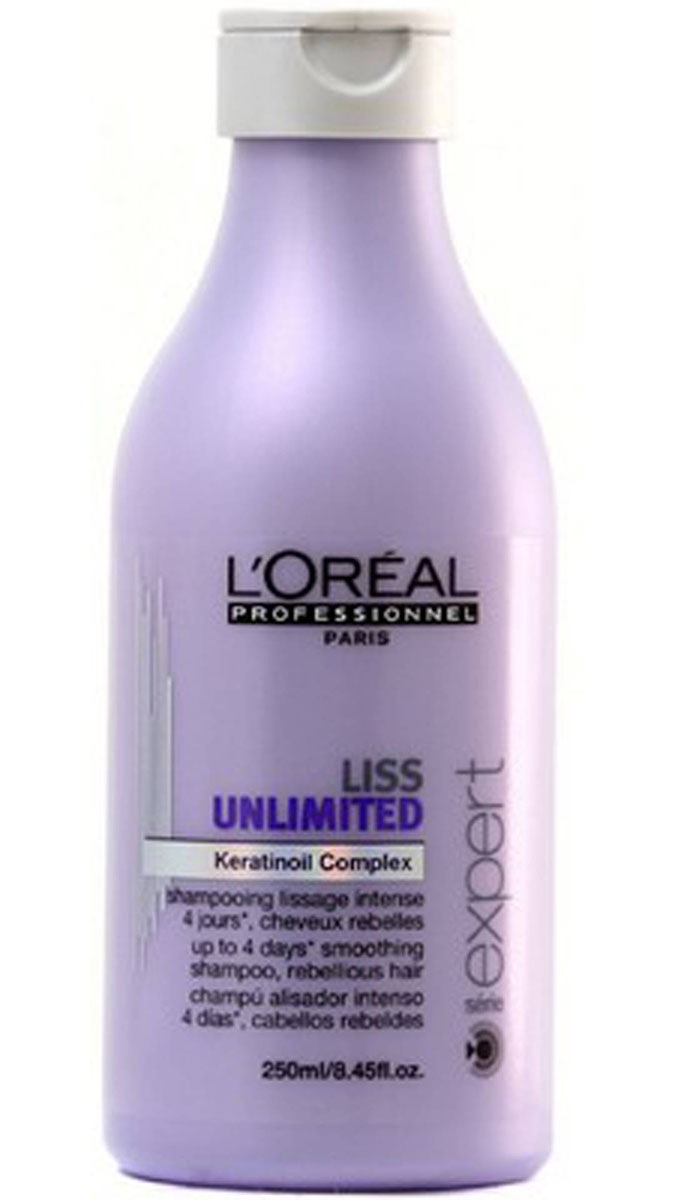 LOreal Professionnel Liss Unlimited – Шампунь для непослушных волос 250 млE0535053 LOreal Professionnel Liss Unlimited – Шампунь для непослушных волос 250 млE0535053LOrealProfessionnelLissUnlimitedShampoo Шампунь для непослушных волос профессиональное средство для ухода за непослушными волосами. Шампунь LOreal Professionnel Liss Unlimited Shampoo поможет навсегда забыть о проблеме капризных» волос, начинающихся пушиться и виться при влажной погоде.ШампуньLiss Unlimited Shampoo с разглаживающим эффектом мгновенно укрощает непослушные волосы, делает их гладкими, эластичными и упругими в любую погоду. Благодаря специальной формуле, шампунь не только позволяет быстро выпрямить пряди, средство глубоко питает, бережно очищает и защищает каждый волосок.Комплекс питательных компонентов в сочетании с маслами энотеры и кукуи жизненная сила, красота и бриллиантовый блеск волос. Кератин, входящий в состав шампуня, обеспечивает восстановление структуры волос, способствует укреплению корней, благодаря чему волосы становятся сильными, прочными и шелковистыми, значительно снижается их выпадение.LOreal Professionnel Liss Unlimited Shampoo подходит для ежедневного применения. Однако средство прекрасно сохраняет свое воздействие на непослушные вьющиеся волосы в течение 3-4 дней без использования дополнительных косметических продуктов для выпрямления прядей.