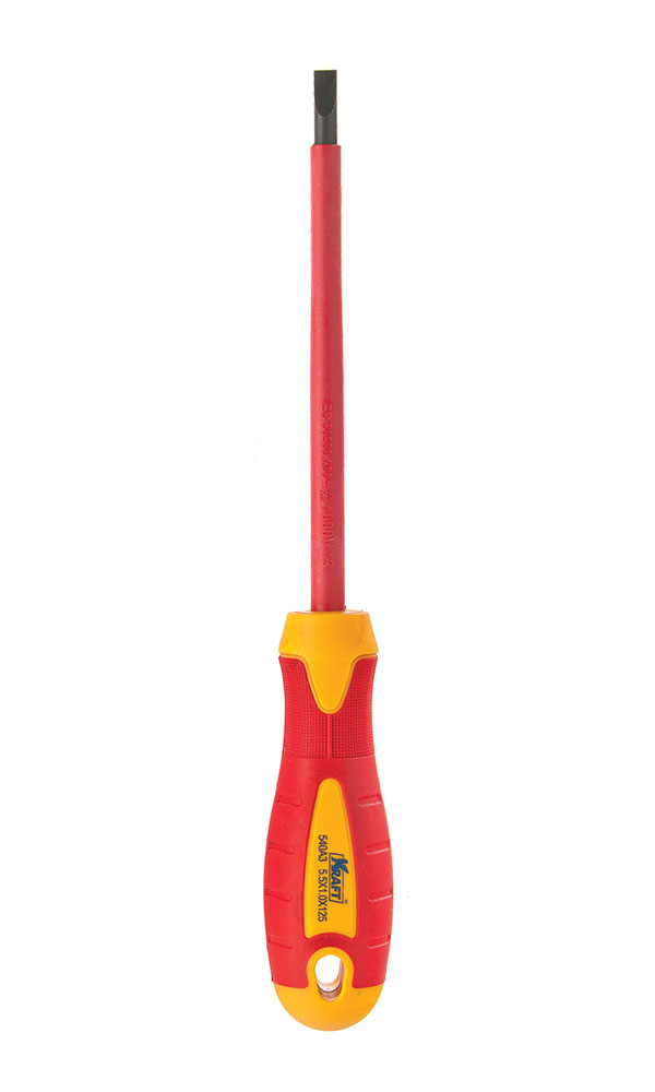 Отвертка диэлектрическая шлицевая Kraft 5.5х1.0х125 КТ 700428КТ 700428 Отвертка диэлектрическая шлицевая Kraft 5.5х1.0х125 КТ 700428КТ 700428- отвертка диэлектрическая шлицевая 5.5x1.0x125 mm (до 1000 В, стандарт VDE)