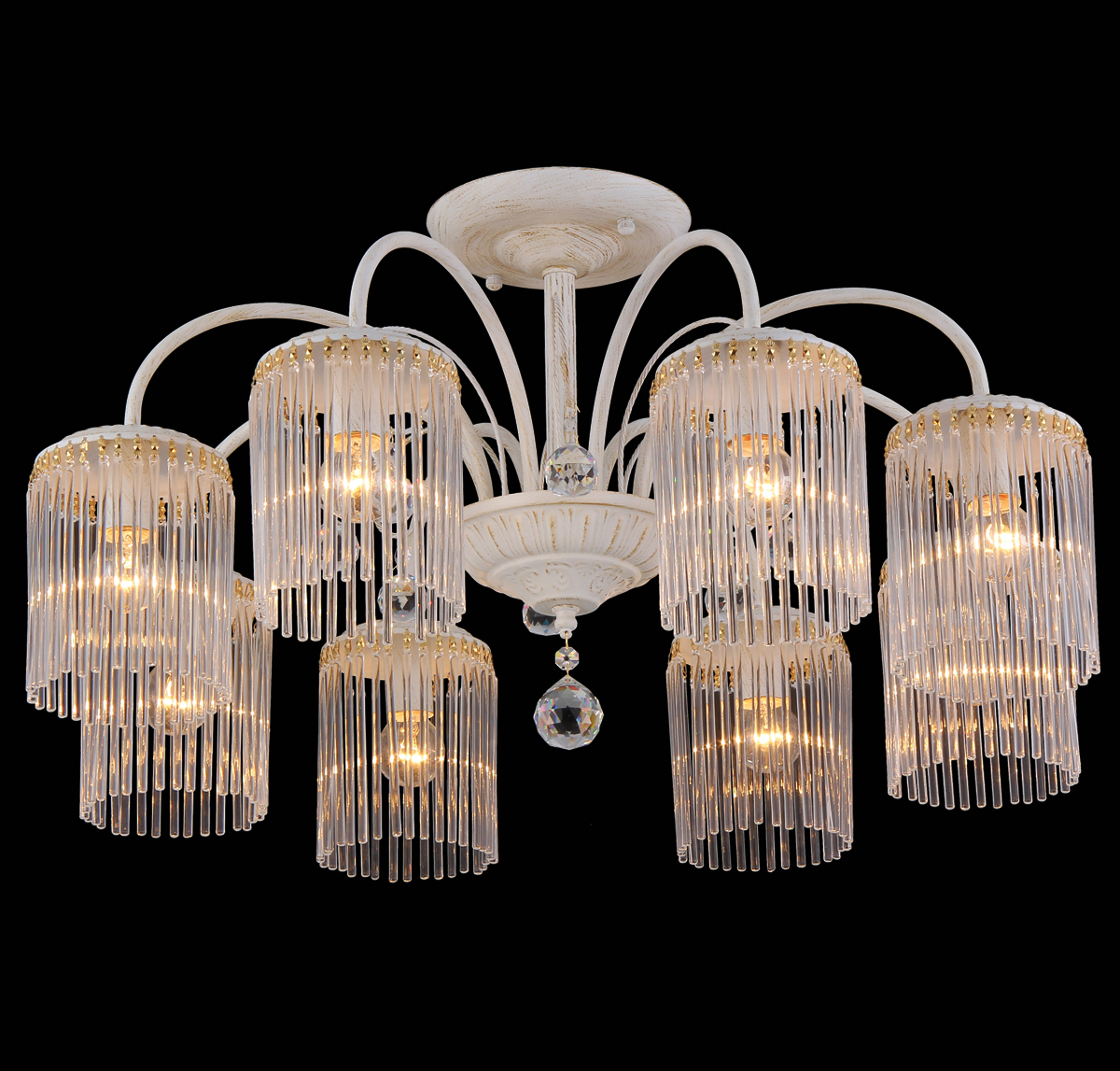 Люстра Natali Kovaltseva Ivory, 8 x E14, 60W. 11397/8COLBIA 11397/8C GOLD IVORY Люстра Natali Kovaltseva Ivory, 8 x E14, 60W. 11397/8COLBIA 11397/8C GOLD IVORYЛюстра Natali Kovaltseva, выполненная в классическом стиле, станет украшением вашей комнаты и изысканно дополнит интерьер. Изделие крепится к потолку. Такая люстра отлично подойдет для освещения кабинета, столовой, спальни или гостиной. Люстра выполнена из металла с матовым никелированным покрытием и дополнена хромированными элементами. Изделие оснащено 8 стеклянными плафонами, декорированными полосками и рельефом по краю.