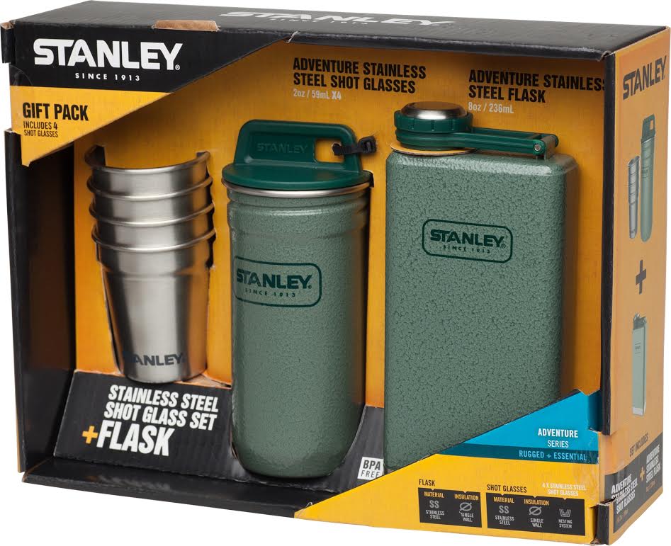 Набор стопок Stanley Adventure, цвет: зеленый, стальной, 6 предметов10-01883-002 Набор стопок Stanley Adventure, цвет: зеленый, стальной, 6 предметов10-01883-002Набор стопок Stanley Adventure включает 4 стопки, футляр и флягу. Предметы выполнены из высококачественной нержавеющей стали. Изделия отличаются высоким качеством, компактностью, стойкостью кпоявлению ржавчины.Футляр оснащен завинчивающейсяпластиковой крышкой. Набор очень компактный и не занимает много места, его удобнобрать с собой в поездки и на природу. Набор пригоден для мытья в посудомоечной машине. Объем стопок: 59 мл.Объем фляги: 236 мл.Размер стопок: 5 х 5 х 5,5 см.Размер футляра: 5,8 х 5,8 х 13 см.Размер фляги: 6,7 х 2,5 х 15 см.