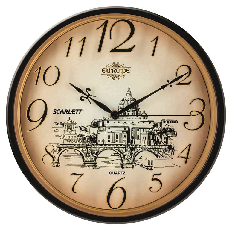 Часы настенные Scarlett, диаметр 31,5 см. SC - WC1001ISC - WC1001I Часы настенные Scarlett, диаметр 31,5 см. SC - WC1001ISC - WC1001IНастенные кварцевые часы Scarlett в классическом дизайне, изготовленные из пластика, прекрасно впишутся в интерьер вашего дома. Круглые часы имеют три стрелки: часовую, минутную и секундную, циферблат защищен прозрачным пластиком. Часы работают от 1 батарейки типа АА напряжением 1,5 В (батарейка в комплект не входит). Диаметр часов: 31,5 см.