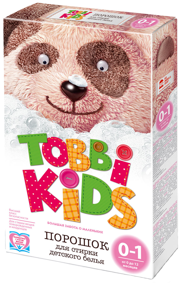 Tobbi Kids Стиральный порошок для детского белья от 0 до 12 месяцев 400 г891721 Tobbi Kids Стиральный порошок для детского белья от 0 до 12 месяцев 400 г891721Стиральный порошок для детского белья Tobbi Kids изготовлен из натурального мыла, отлично справляющегося со следами от пюре и соков.Дети в возрасте от 0 до 12 месяцев имеют pH кожи, отличный от pH кожи детей старше года и взрослых, и их иммунная система особенно уязвима, именно поэтому малыши весьма чувствительны к аллергенам и активным веществам в составе стирального порошка. В этот период важно выбирать самые безопасные средства, ведь малышам не подходят взрослые порошки. Формула Tobbi Kids разработана с учетом рекомендаций педиатров, ее pH соответствует pH кожи ребенку до года, а безопасные активные компоненты отлично отстирывают все загрязнения и ухаживают за вещами малыша.Предназначен для стирки детского белья из хлопчатобумажных, льняных и смешанных тканей в стиральных машинах любого типа. Допускается применение для ручной стирки.Состав: мыло хозяйственное, неионогенное поверхностно-активное вещество, натрия перкарбонат, натрий триполифосфат, сода кальцинированная, натрий карбоксиметилцеллюлоза, усилитель отбеливателя, акремон B1, натрий сернокислый.