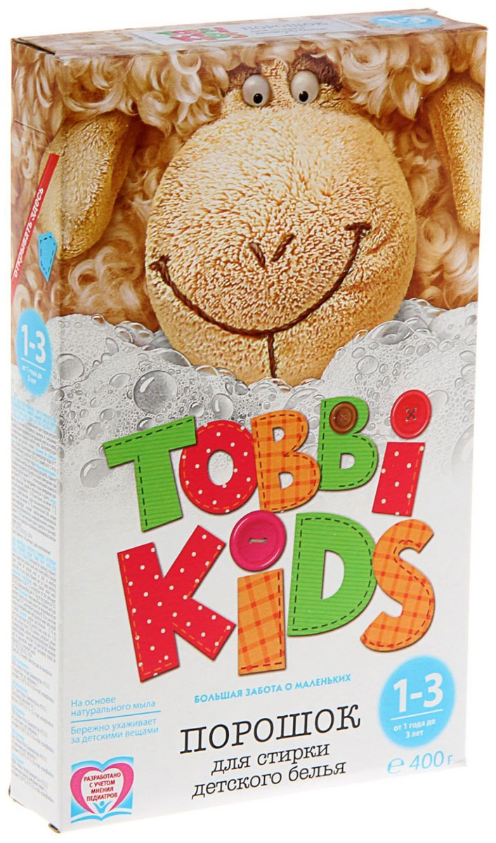 Tobbi Kids Стиральный порошок для детского белья от 1 до 3 лет 400 г891738 Tobbi Kids Стиральный порошок для детского белья от 1 до 3 лет 400 г891738Стиральный порошок для детского белья Tobbi Kids изготовлен из натурального мыла, отлично справляющегося со следами от пюре и соков.Дети в возрасте от 1 года до 3 лет очень чувствительны к аллергенам и активным веществам в составе моющего средства, из-за чего взрослые стиральные порошки им не подходят. Однако характер загрязнений на одежде в процессе взросления меняется, поэтому стиральный порошок должен быть не только безопасным, но и более эффективным, чем в первые месяцы жизни. Формула Tobbi Kids от 1 до 3 лет разработана с учетом рекомендаций педиатров и отвечает самым высоким требованиям безопасности.Предназначен для стирки детского белья из хлопчатобумажных, льняных и смешанных тканей в стиральных машинах любого типа. Допускается применение для ручной стирки.Состав: мыло хозяйственное, неионогенное поверхностно-активное вещество, натрия перкарбонат, натрий триполифосфат, сода кальцинированная, натрий карбоксиметилцеллюлоза, усилитель отбеливателя, акремон В1, энзимы, натрий сернокислый.