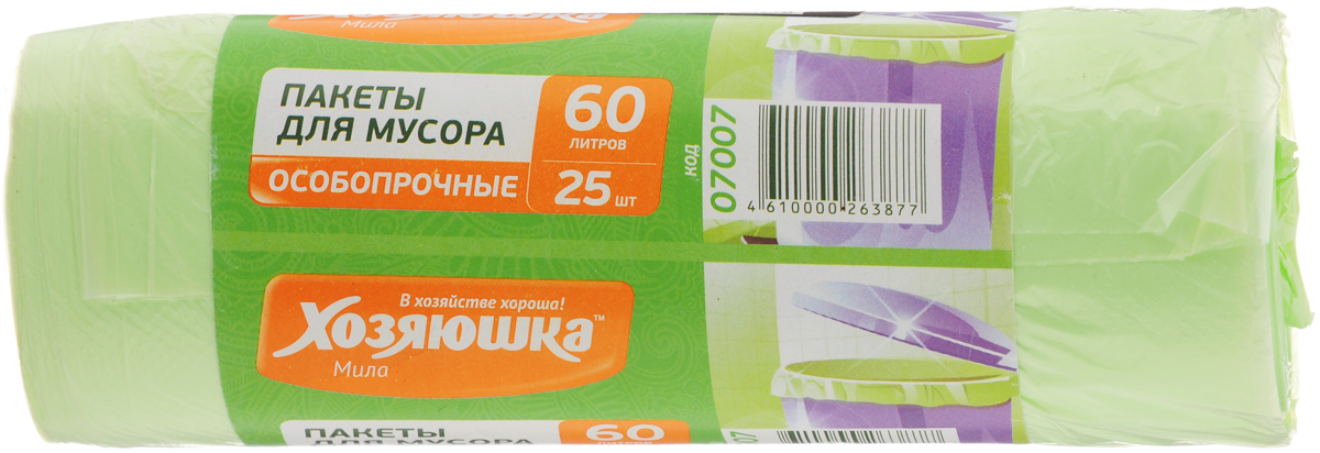 Пакеты для мусора Хозяюшка Мила, особо прочные, 60 л, 25 шт07007-50 Пакеты для мусора Хозяюшка Мила, особо прочные, 60 л, 25 шт07007-50Особо прочные мешки для мусора Хозяюшка Мила позволяют складировать более тяжелый мусор, предотвращая разрыв пакета. Широко применяются в быту, на производстве, при проведении монтажных и ремонтных работ. Специальная перфорация позволяет легко отделить пакет от рулона.