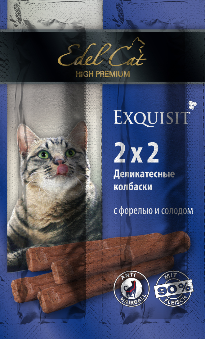 Edel Cat Колбаски-мини - форель солод 4 колбаски1001873 Edel Cat Колбаски-мини - форель солод 4 колбаски1001873Вкусные жевательные колбаски для кошек. На 90%состоят из свежего мяса с добавлением витаминно -минерального комплекса.Минеральные вещества: Сырой протеин 33,5%, влажность 28%, сырой жир 20%, Сырая зола 9%, сырая клетчатка2% Состав: Мясо и мясопродукты (90%), рыба и рыбные продукты (4% форели),растительные продукты (4% солод), минеральные вещества.