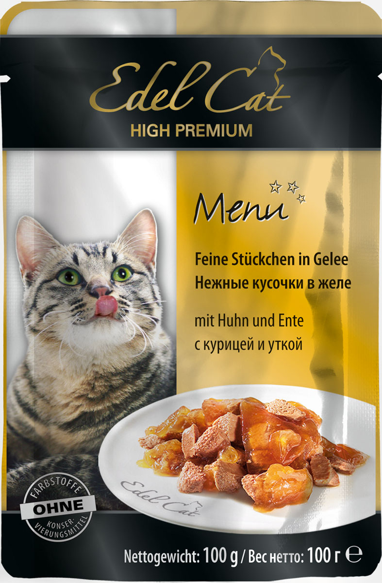 Консервы для кошек Edel Cat, с курицей и уткой, нежные кусочки в желе, 100 г8106 Консервы для кошек Edel Cat, с курицей и уткой, нежные кусочки в желе, 100 г8106Консервы Edel Cat - полнорационный консервированный корм для кошек. Изготовлен на основе мясопродуктов с добавлением витаминно-минерального комплекса.Минеральные вещества: влажность 82%, сырой протеин 8,5%, сырой жир 4,5% сырая зола 2,0%, сырая клетчатка 0,3%, витамин Д3 250 МЕ, цинк (сульфат цинка, моногидрат) 18мг, витамин Е (альфа – токоферолацетат) 15мг, медь (сульфат меди ||, пентагидрат) 1мг, марганец (сульфат марганца ||, моногидрат) 1 мг.Состав: мясо и мясопродукты (5% курицы, 5% утки), минеральные вещества, инулин (0,1%).