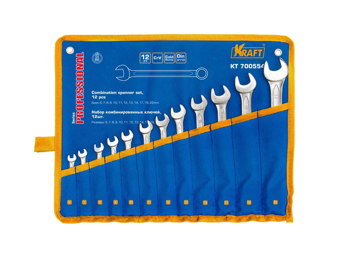 Набор комбинированных гаечных ключей Kraft Professional, 6 мм - 22 мм, 12 штКТ700554 Набор комбинированных гаечных ключей Kraft Professional, 6 мм - 22 мм, 12 штКТ700554Набор комбинированных гаечных ключей Kraft Professional предназначен для профессионального применения в решении сантехнических, строительных и авторемонтных задач, а также для бытового использования. Ключи изготовлены из хромованадиевой стали.Размеры ключей входящих в набор: 6 мм, 7 мм, 8 мм, 9 мм, 10 мм, 11 мм, 12 мм, 13 мм, 14 мм, 17 мм, 19 мм, 22 мм. Комбинированный ключ представляет собой соединение рожкового и накидного гаечных ключей. Обе стороны комбинированного ключа имеют одинаковый размер. Комбинированный ключ - это необходимый предмет в каждом доме.