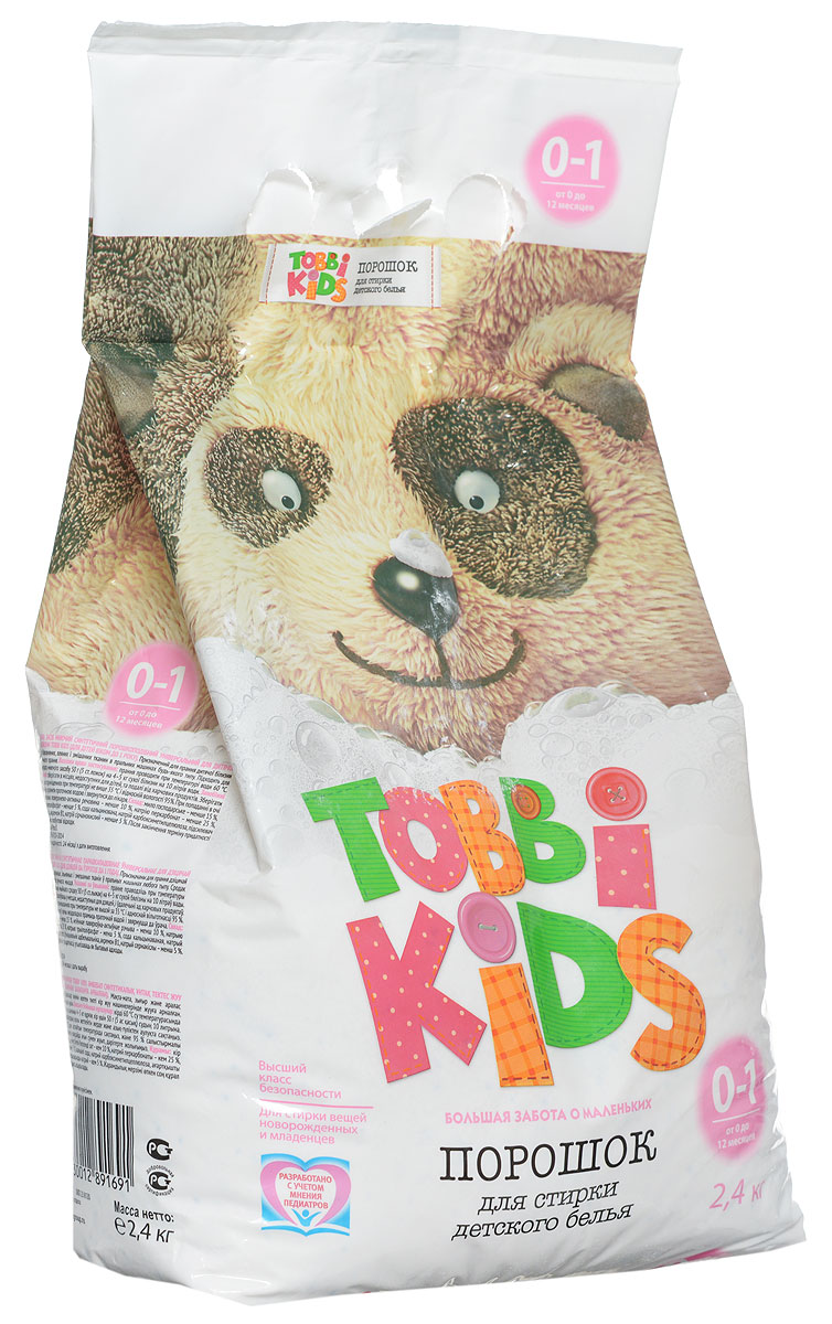 Tobbi Kids Стиральный порошок для детского белья от 0 до 12 месяцев 2,4 кг891691 Tobbi Kids Стиральный порошок для детского белья от 0 до 12 месяцев 2,4 кг891691Стиральный порошок для детского белья Tobbi Kids изготовлен из натурального мыла, отлично справляющегося со следами от пюре и соков.Дети в возрасте от 0 до 12 месяцев имеют pH кожи, отличный от pH кожи детей старше года и взрослых, и их иммунная система особенно уязвима, именно поэтому малыши весьма чувствительны к аллергенам и активным веществам в составе стирального порошка. В этот период важно выбирать самые безопасные средства, ведь малышам не подходят взрослые порошки. Формула Tobbi Kids разработана с учетом рекомендаций педиатров, ее pH соответствует pH кожи ребенку до года, а безопасные активные компоненты отлично отстирывают все загрязнения и ухаживают за вещами малыша.Предназначен для стирки детского белья из хлопчатобумажных, льняных и смешанных тканей в стиральных машинах любого типа. Допускается применение для ручной стирки.Состав: мыло хозяйственное, неионогенное поверхностно-активное вещество, натрия перкарбонат, натрий триполифосфат, сода кальцинированная, натрий карбоксиметилцеллюлоза, усилитель отбеливателя, акремон B1, натрий сернокислый.