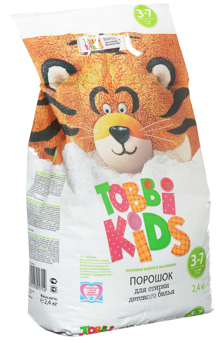 Tobbi Kids Стиральный порошок для детского белья от 3 до 7 лет 2,4 кг891806 Tobbi Kids Стиральный порошок для детского белья от 3 до 7 лет 2,4 кг891806Дети в возрасте от 3 до 7 лет активно развиваются и познают окружающий мир, что добавляет маме забот со стиркой. Чтобы справиться с загрязнениями, формула моющего средства должна быть эффективной, но одновременно с этим максимально безопасной, поэтому обычные взрослые стиральные порошки детям не подходят. Формула Tobbi Kids от 3 до 7 лет разработана с учетом рекомендаций педиатров и отвечает самым высоким требованиям безопасности.На основе натурального мыла и соды.Эффективен против пятен от фруктов и овощей, чернил, фломастеров, гуаши, бульонов, молочных каш, земли и травы.Гипоаллергенный и бесфосфатный. Состав: мыло хозяйственное, неионогенное ПАВ, анионное ПАВ, натрия триполифосфат, сода кальцинированная, натрия перкарбонат, усилитель отбеливателя, натрий карбоксиметилцеллюлоза, акремон В1, энзимы, отдушка, натрий сернокислый.