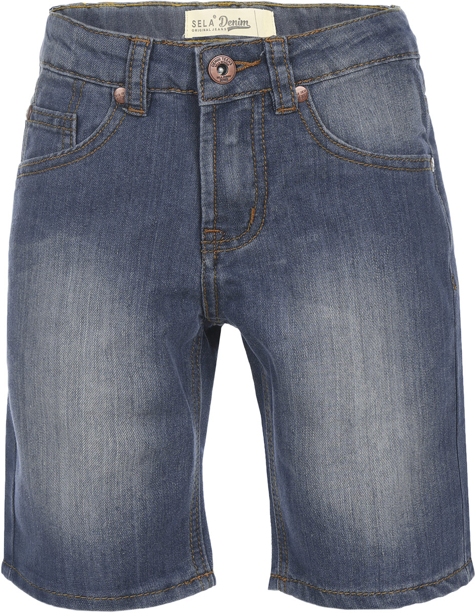 Шорты для мальчика Sela Denim, цвет: синий джинс. SHJ-835/836-6224. Размер 122, 7 летSHJ-835/836-6224 Шорты для мальчика Sela Denim, цвет: синий джинс. SHJ-835/836-6224. Размер 122, 7 летSHJ-835/836-6224Шорты для мальчика Sela Denim станут стильным дополнением к гардеробу юного модника. Изготовленные из хлопка с добавлением полиэстера, они мягкие и приятные на ощупь, не сковывают движения и позволяют коже дышать, обеспечивая наибольший комфорт. Шорты на поясе застегиваются на металлическую пуговицу и имеют ширинку на застежке-молнии, а также шлевки для ремня. При необходимости пояс можно утянуть скрытой резинкой на пуговках. Шорты имеют классический пятикарманный крой: спереди - два втачных кармана и один маленький накладной, а сзади - два накладных кармана. Изделие оформлено контрастной прострочкой, эффектом потертости и металлическими клепками. В таких модных и удобных шортах ваш ребенок будет чувствовать себя комфортно, и всегда будет в центре внимания!