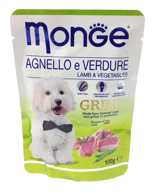 Паучи для собак Monge Dog Grill Pouch, ягненок с овощами, 100 г70013161 Паучи для собак Monge Dog Grill Pouch, ягненок с овощами, 100 г70013161Паучи для собак с ягненком и овощами - полноценное питание для собак. Гарантированный анализ: сырой белок 8%, сырые масла и жиры 7,5%, сырая клетчатка 0,5%, сырая зола 2%, влажность 79,5%.Пищевые добавки/кг: витамин А 2000 МЕ, витамин D3 200 МЕ, витамин Е (альфа-токоферол 91%) 5 мг.Ингредиенты: мясо и мясные субпродукты 40% (из которых мяса ягненка мин. 4,2%), овощи (горох мин. 4,2%), витамины, минеральные вещества, МСМ (метилсульфонилметан) 80 мг/кг, глюкозамин 80 мг/кг, хондроитин 40 мг/кг.Технологические добавки: загустители и желеобразующие компоненты. Рекомендации по кормлению: собакам средних пород необходимо 3-4 пауча в день. Продукт подавать комнатной температуры. ВАЖНО, чтобы животное всегда имело доступ к чистой, свежей воде. Открытую упаковку хранить в холодильнике не более 24 часов.