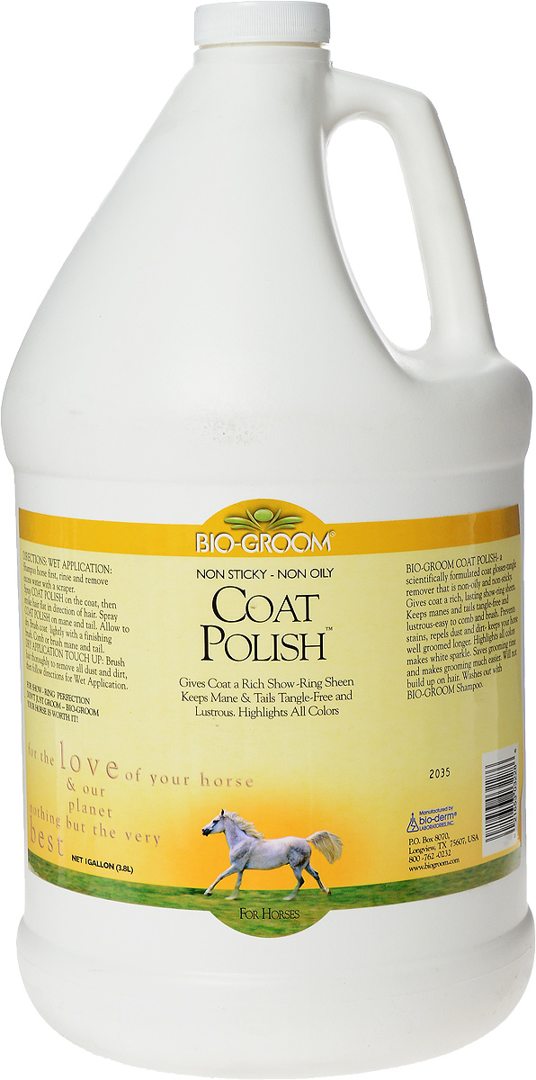 Средство для блестящей шерсти Bio-Groom Coat Polish, для лошадей, 3,8 л3228 Средство для блестящей шерсти Bio-Groom Coat Polish, для лошадей, 3,8 л3228Средство для блестящей шерсти Bio-Groom Coat Polish специально предназначено для лошадей. Может использоваться для собак и кошек. Средство придает шерсти богатый, здоровый выставочный блеск. Все окрасы делает более интенсивными. Препятствует проникновению грязи, налипанию опилок, отталкивает пыль. Волос, покрытый Coat Polish, долго не спутывается, легко расчесывается и долго находится в шоу кондиции. Средство не содержит масла, неклейкое и надежное в применении. Антистатично. Легко смывается шампунем. Не раздражает кожу животного.Рекомендации по применению:Сначала вымойте лошадь с помощью шампуня, сполосните, удалите излишки воды, затем наносите средство. После этого пригладьте обработанные участки по направлению роста волос. Дайте немного подсохнуть и продолжайте обычный груминг. При обработке не вымытого животного, сначала почистите его от грязи и пыли и далее по инструкции. Может использоваться для собак и кошек.