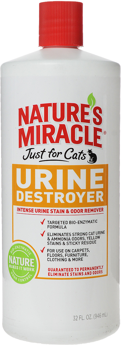 Уничтожитель пятен, запахов и осадка от мочи кошек Natures Miracle Urine Destroyer, 945 мл5057211 Уничтожитель пятен, запахов и осадка от мочи кошек Natures Miracle Urine Destroyer, 945 мл5057211Уничтожитель пятен, запахов и осадка от мочи кошек Natures Miracle Urine Destroyer специально разработан для устранения самых стойких запахов и пятен от мочи кошек. Благодаря использованию самых мощных технологий в этой области, включая активаторы кислорода и био-энзимную формулу, средство устраняет загрязнения максимально эффективно. Этот уничтожитель можно использовать на коврах, твердых поверхностях, тканях, переносках, спальных местах животных и кошачьих туалетах.Уничтожитель использует глубоко проникающие, обогащенные кислородом био-энзимные компоненты для удаления загрязнений от мочи кошек, включая липкий осадок. Средство также содержит формулу двойного действия, которая разрушает мочевину - причину неприятного запаха мочи. Уничтожитель быстро начинает работать, проникает вглубь самого трудновыводимого загрязнения и полностью удаляет органические пятна и запахи. Для достижения наилучших результатов нужно позволить средству высохнуть естественным путем, что может занять до двух недель, так как средству нужно проникнуть на всю глубину загрязнения, включая подкладку ковра и обивку мягкой мебели.