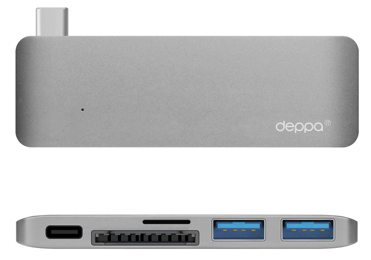 Deppa Ultra book USB Type C адаптер для Macbook, Graphite72217 Deppa Ultra book USB Type C адаптер для Macbook, Graphite72217Благодаря адаптеру Deppa Ultra book USB Type C вы сможете одновременно подключить сразу несколько аксессуаров к вашему МасВоок: устройства с разъемом Туре-С. карты памяти, флеш-накопители и другие мобильные устройства со стандартным USB-разьемом. Вы можете использовать зарядное устройство Macbook, не отсоединяя адаптер.Корпус адаптера выполнен из цельного листа алюминия по технологии Unibody, существенно увеличивающей надежность и долговечность устройства.Цвета адаптера в точности соответствуют цветам корпуса Macbook Дизайн формы специально разработан для этой модели и создает гармоничное единство с вашим устройством.Разъем для карт памяти формата microSDHC Разъем для карт памяти формата SDHC