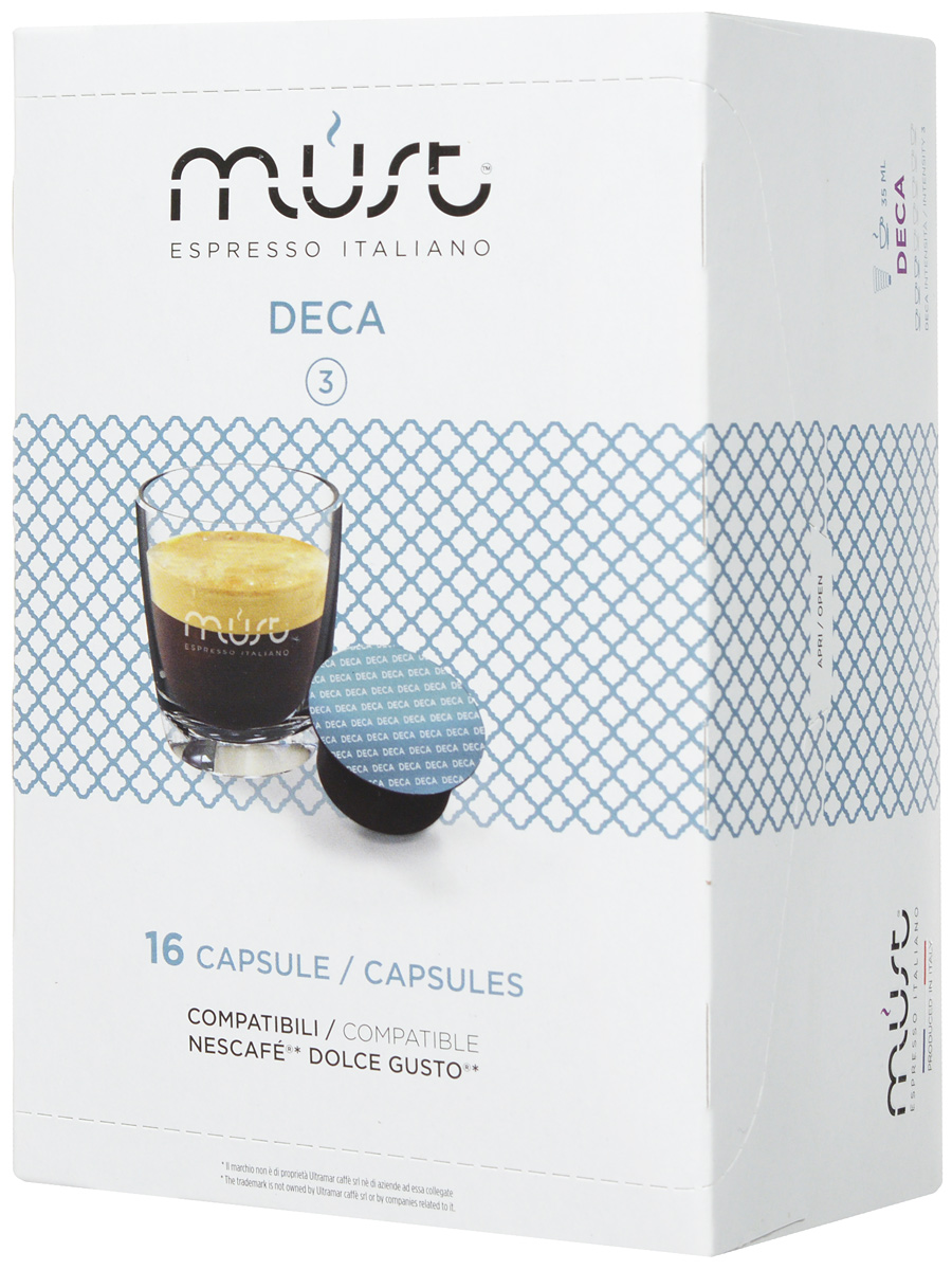 MUST DG Deca кофе капсульный, 16 шт8056370761364 MUST DG Deca кофе капсульный, 16 шт8056370761364MUST DG Deca - это деликатная и приятная смесь, обладающая нежнейшим вкусом и великолепным ароматом. Не содержит кофеина. Кофе Deca является примером итальянского качества и мастерства обжарки кофейных зерен. Молотый кофе прессуется по новейшим инновационным технологиям, позволяющим сохранить восхитительный кофейный вкус.