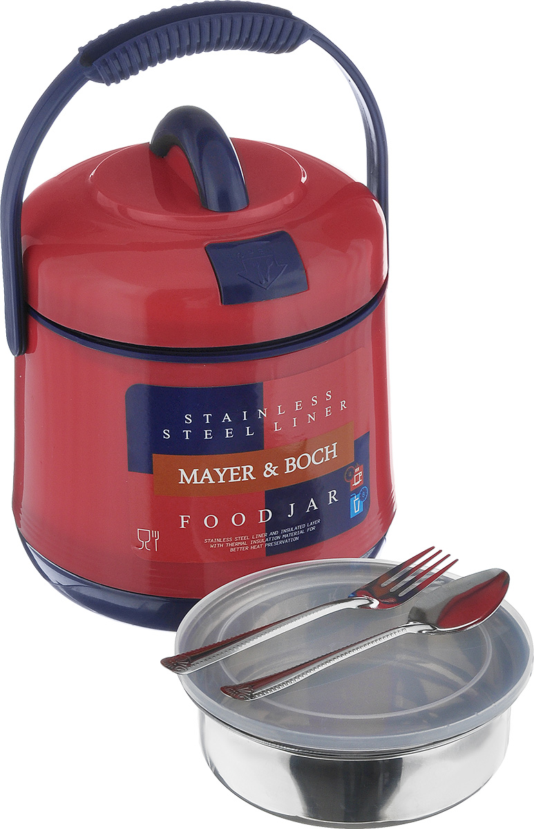 Термос пищевой Mayer & Boch, цвет: красный, синий, 1,9 л905_красный, синий Термос пищевой Mayer & Boch, цвет: красный, синий, 1,9 л905_красный, синийПищевой термос Mayer & Boch предназначен для хранения и переноски горячих и холодныхпищевых продуктов. Корпус выполнен из высококачественного пластика. Внутренняя колбаизготовлена из нержавеющей стали. Наполнение из жесткого пенопласта сохраняет температуруи свежесть пищи на протяжении 4-5 часов. Пища сохраняет аромат, вкус и питательные вещества.Внутрь вставляется специальная металлическая чаша спрозрачной пластиковой крышкой. В комплекте также предусмотрены ложка и вилка, выполненные из нержавеющей стали, которыехранятся в крышке.Для удобства переноски на изделии предусмотрена ручка. Такой термос - идеальный вариант для домашнего использования, для отдыха на природе илипоездки. Элегантный и стильный дизайн подходит для любого случая. Диаметр термоса (по верхнему краю): 15 см. Высота термоса (без учета крышки): 17 см.Диаметр контейнера: 13,5 см. Высота контейнера: 4 см. Длина ложки/вилки: 14 см.
