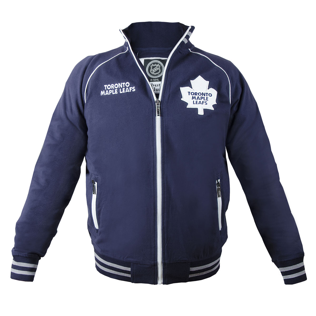 Толстовка мужская NHL Toronto Maple Leafs, цвет: темно-синий. 35580. Размер XS (44)35580 Толстовка мужская NHL Toronto Maple Leafs, цвет: темно-синий. 35580. Размер XS (44)35580Мужская толстовка NHL Toronto Maple Leafs, изготовленная из натурального хлопка, очень мягкая и приятная наощупь, не сковывает движения, обеспечивая наибольший комфорт.Толстовка с небольшим воротником-стойкой и длинными рукавами-реглан застегивается на молнию по всей длине. Снизумодели предусмотрена широкая мягкая резинка, которая предотвращает проникновение холодного воздуха.Рукава дополнены эластичными манжетами. Спереди расположены два прорезных кармана на застежках-молниях. Изделие декорировано вышивкой с названием хоккейного клуба Toronto Maple Leafs и аппликацией с его эмблемой. Резинка, воротник и манжеты оформлены контрастными полосками.Стильная толстовка подарит вам комфорт и станет отличным дополнением к вашему гардеробу.