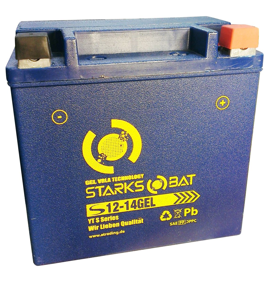 Батарея аккумуляторная для мотоциклов Starksbat. YT S 12-14 GEL (YTX14L-BS)YT S 12-14 Батарея аккумуляторная для мотоциклов Starksbat. YT S 12-14 GEL (YTX14L-BS)YT S 12-14YT S 12-14 GEL (YTX14L-BS) Аккумуляторы для мотоциклов STARKSBAT производятся немецким концерном Active Trading GmbH. Аккумуляторы STARKSBAT изготовлены по технологии AGM, обеспечивающей повышенный уровень безопасности батареи и удобство ее эксплуатации. Корпус АКБ STARKSBAT выполнен из особо ударопрочного и морозостойкого полипропилена. Аккумуляторы STARKSBAT длительное время успешно продаются в США и Канаде, где блестяще доказали свои высокие эксплуатационные свойства в самых экстремальных условиях бездорожья, высоких и низких температур. Аккумуляторные батареи STARKSBAT производятся под знаменитым Немецким контролем качества, что обеспечивает им высокие пусковые характеристики и восстановление емкости даже после глубокого разряда.YT S 12-14GEL Technology (YTX14L-BS)Параметры аккумулятора:Напряжение (В): 12 Емкость (А/Ч): 14 Размеры (мм): 150x87x145 Полярность: Обратная (-+) Ток холодной прокрутки: 220 Аh (EN)Корпус АКБ STARKSBAT выполнен из особо ударопрочного и морозостойкого полипропилена