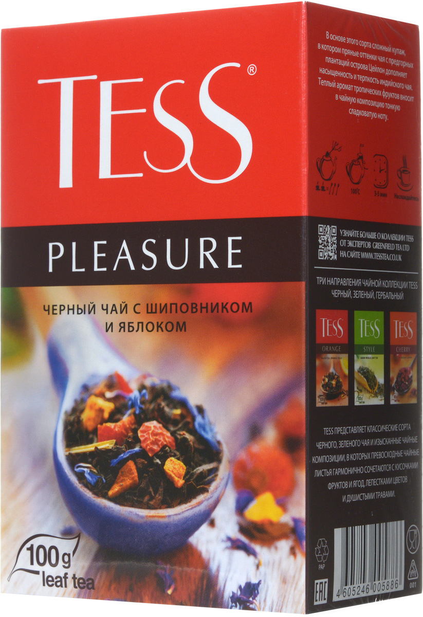 Tess Pleasure черный листовой чай, 100 г0588-15 Tess Pleasure черный листовой чай, 100 г0588-15Tess Pleasure - выразительная композиция из черного чая с кусочками шиповника, сушеных яблок и нежных васильковых лепестков. Особая прелесть этого сорта - сочетание мягкого вкуса цейлонского чая и тонких оттенков фруктов. Приятный нежный аромат с легким оттенком персика.